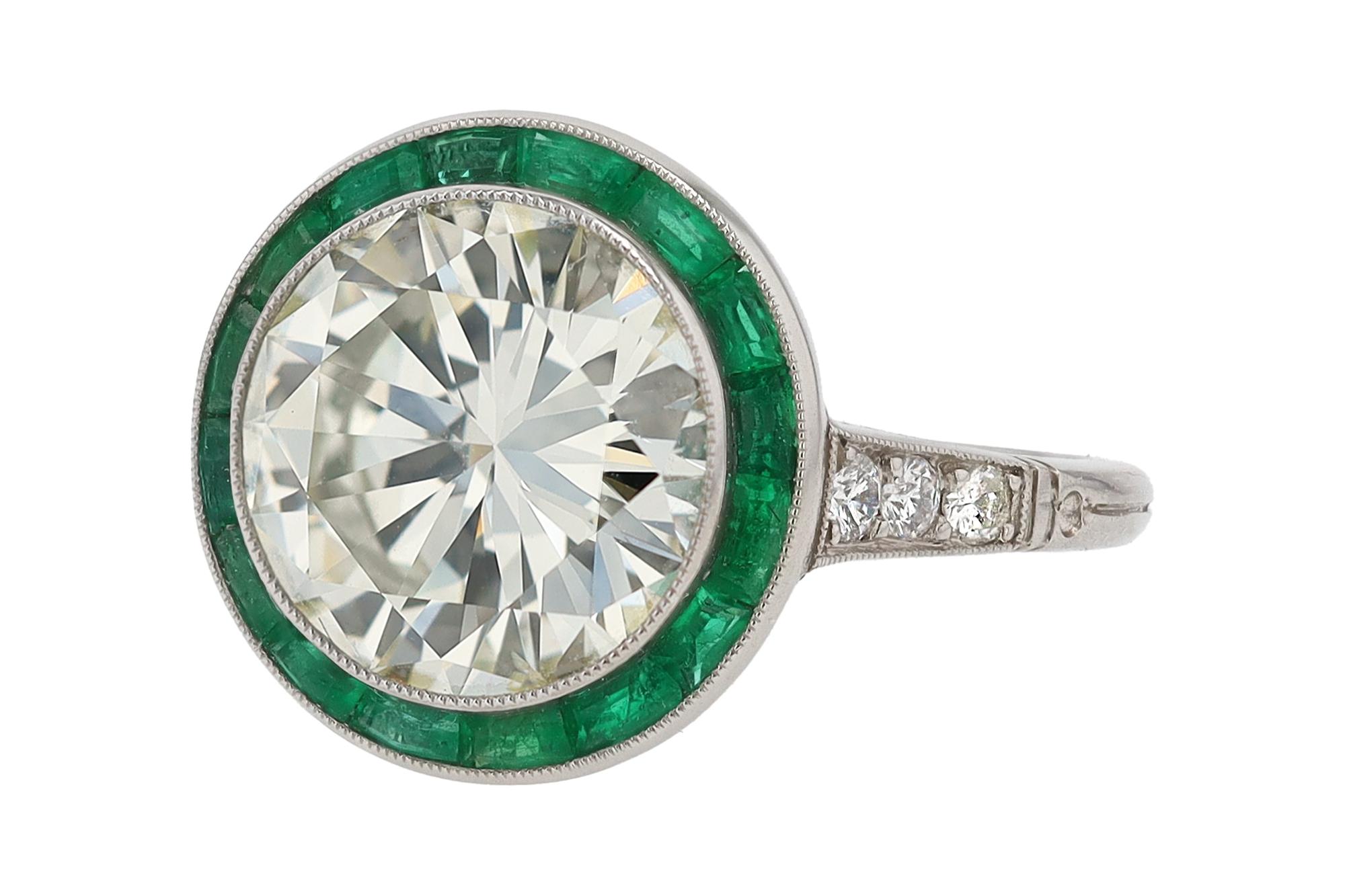 Brilliant Cut Bespoke Art Deco Revival 4.10 Carat Diamond & Emerald Platinum Engagement Ring
