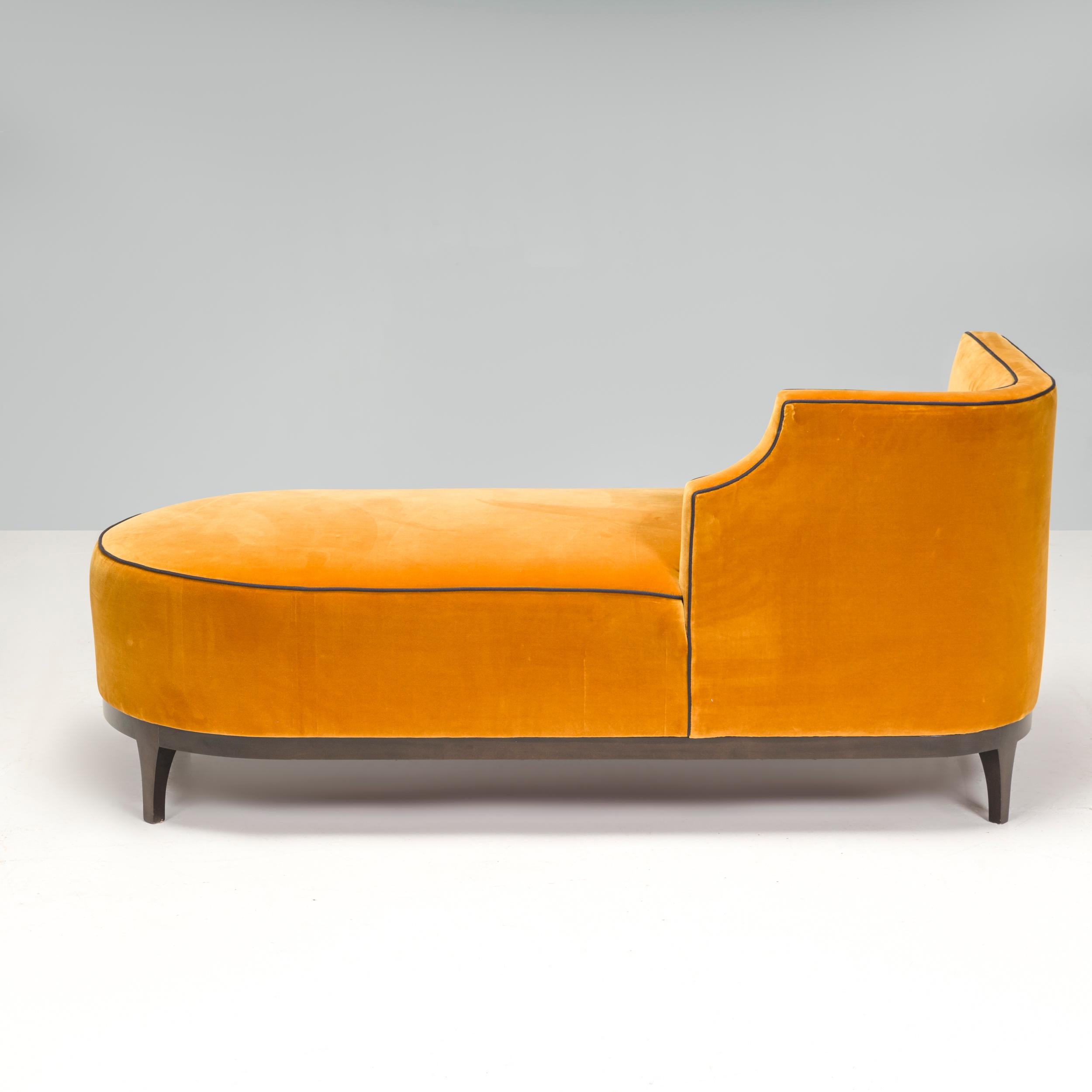 British Bespoke Art Deco Style Mustard Yellow Velvet Chaise Longue With Grey Piping  For Sale