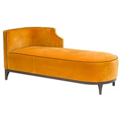 Used Bespoke Art Deco Style Mustard Yellow Velvet Chaise Longue With Grey Piping 