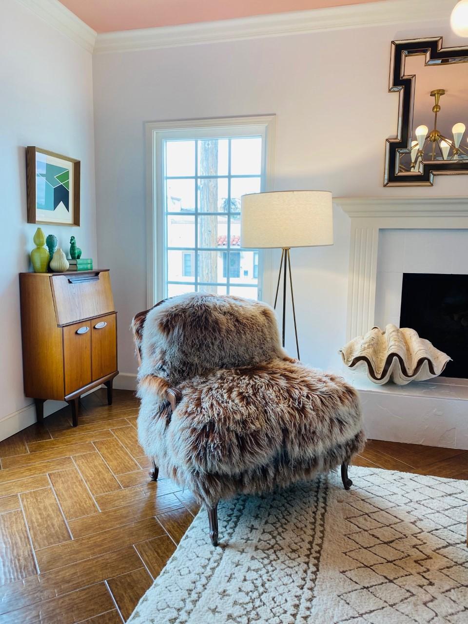 French Provincial Bespoke Auberge Style Mongolian Sheep Fur Armchair