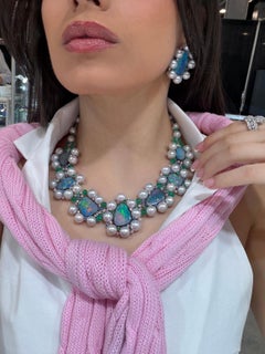 Bespoke Australian Black Opal Diamond Gemstone 18k White Gold Collar Necklace