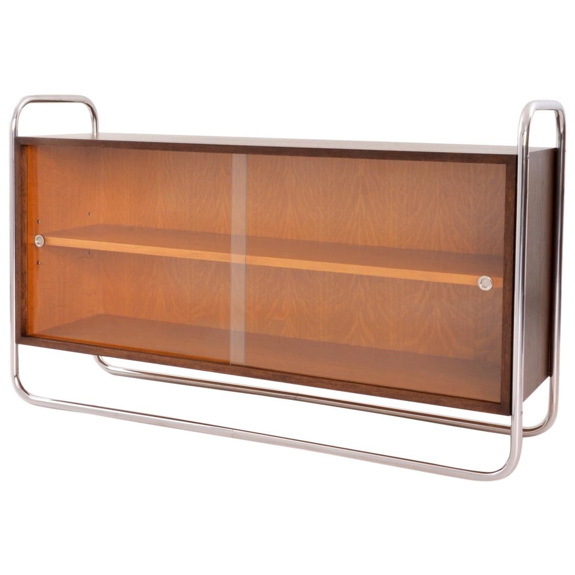 Bespoke Bauhaus Tubular Steel Low Bookcase, Stained Wood, Sliding Glass Panels For Sale