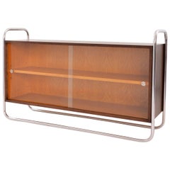 Bespoke Bauhaus Tubular Steel Low Bookcase, Stained Wood, Sliding Glass Panels