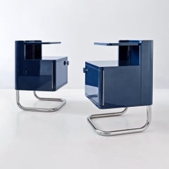 Bespoke Bedside Cabinet, Glossy Lacquered Wood, Chrome-Plated Steel, Handcrafted