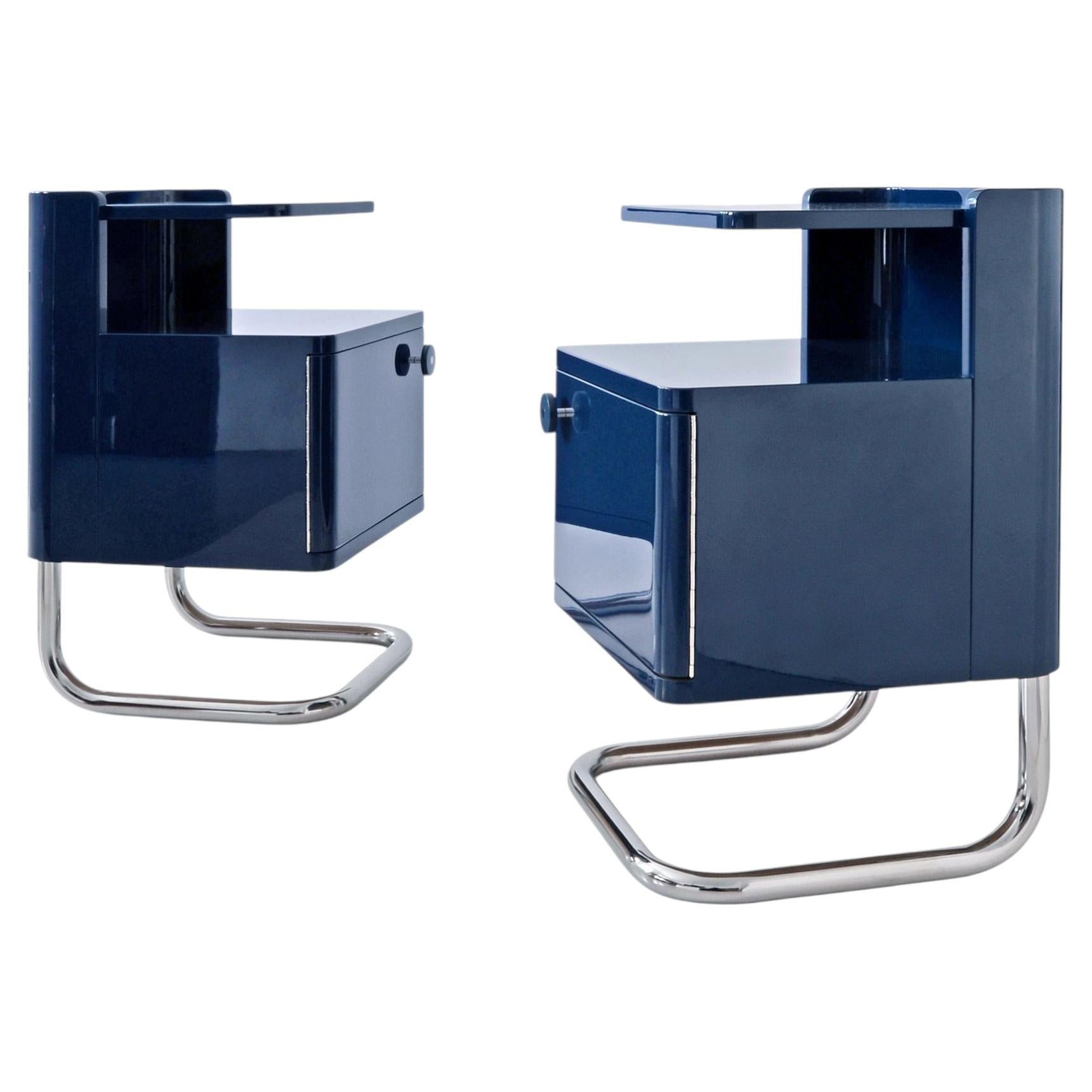 Bespoke Bedside Cabinet, Glossy Lacquered Wood, Chrome-Plated Steel, Handcrafted