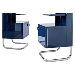 Bespoke Bedside Cabinet, Glossy Lacquered Wood, Chrome-Plated Steel, Handcrafted