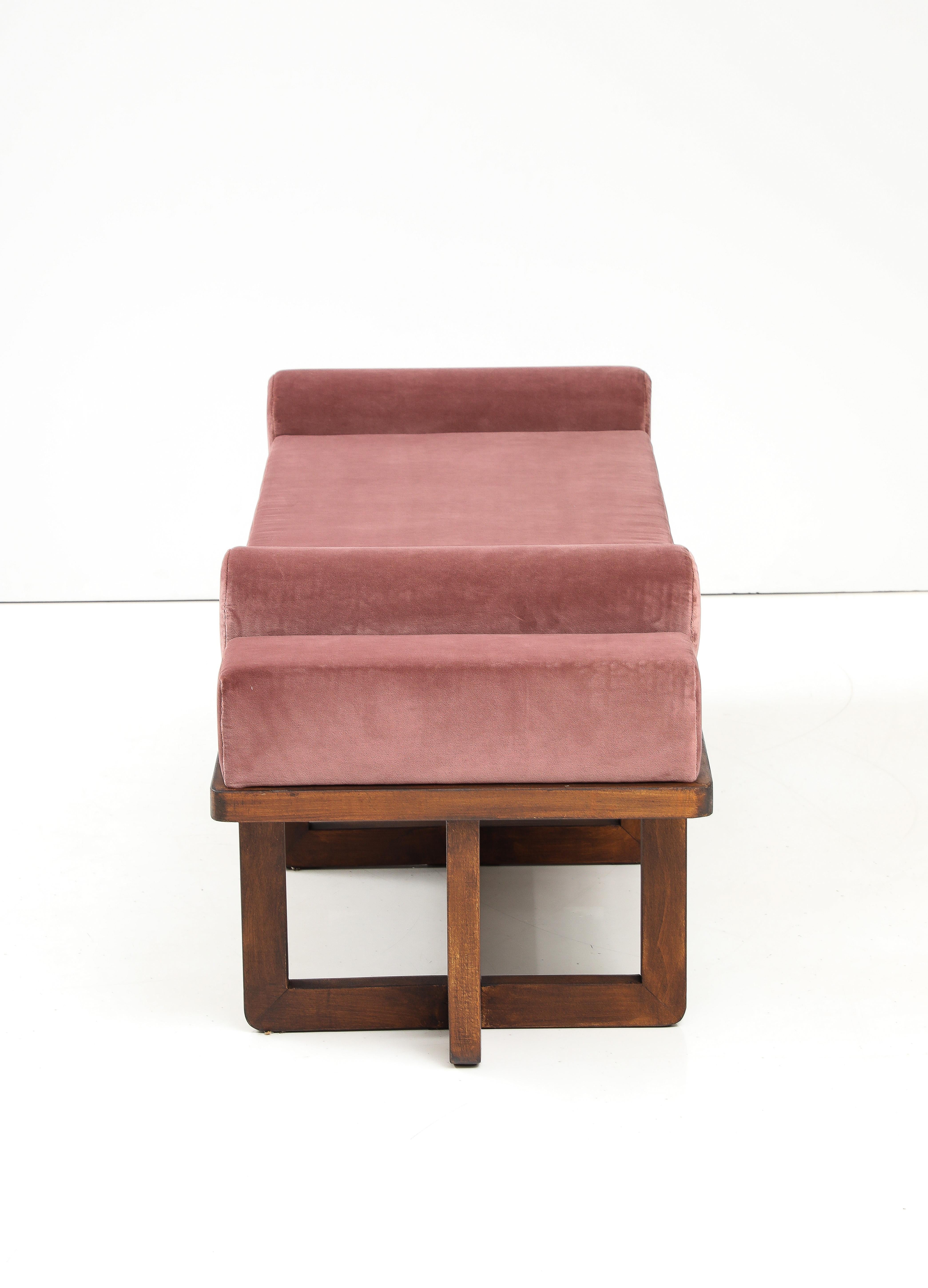 Hand-Crafted Bespoke Bench with Sculptural Bolsters and Walnut Frame in Rose Velvet, Italy For Sale