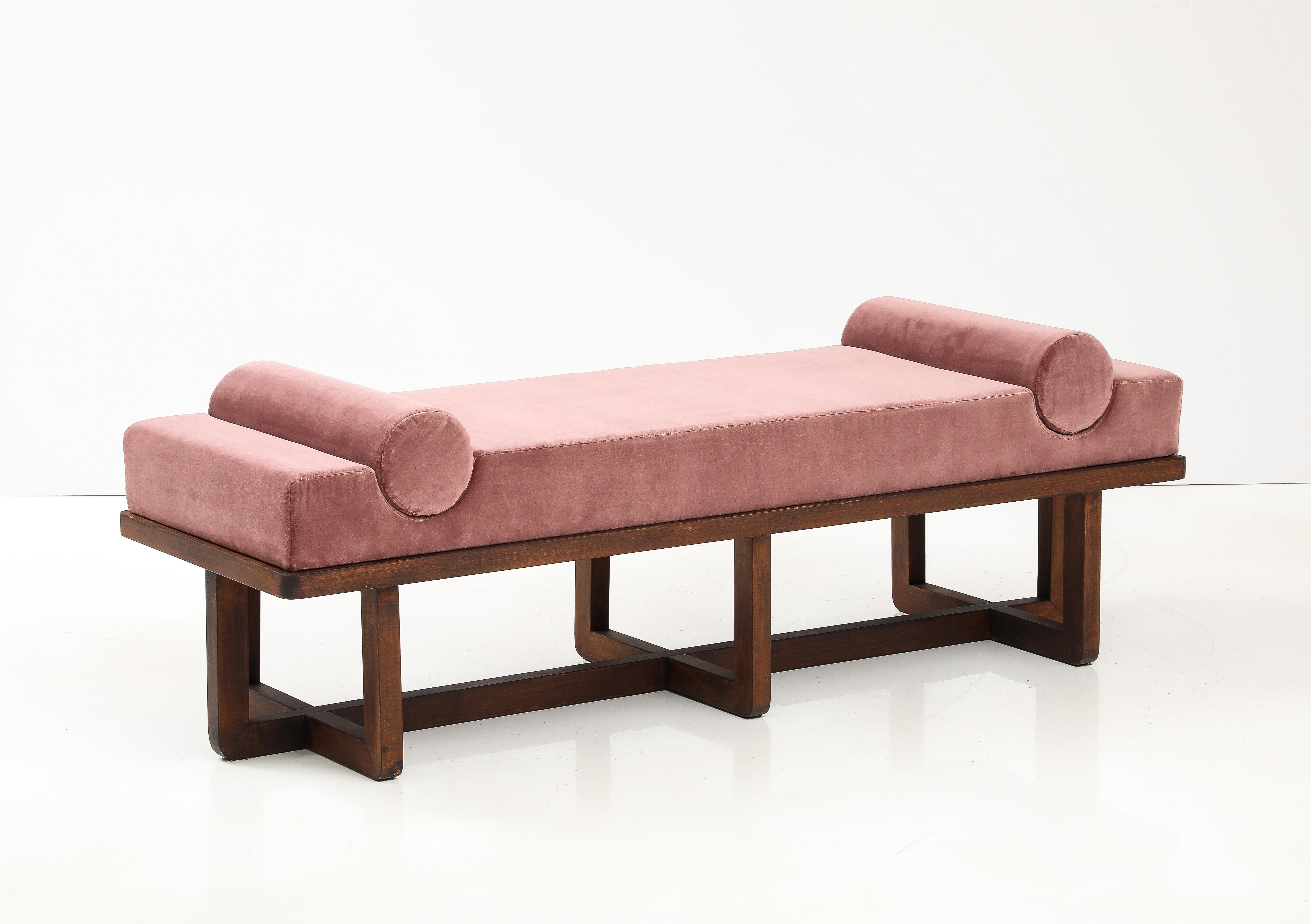 Contemporary Bespoke Bench with Sculptural Bolsters and Walnut Frame in Rose Velvet, Italy For Sale