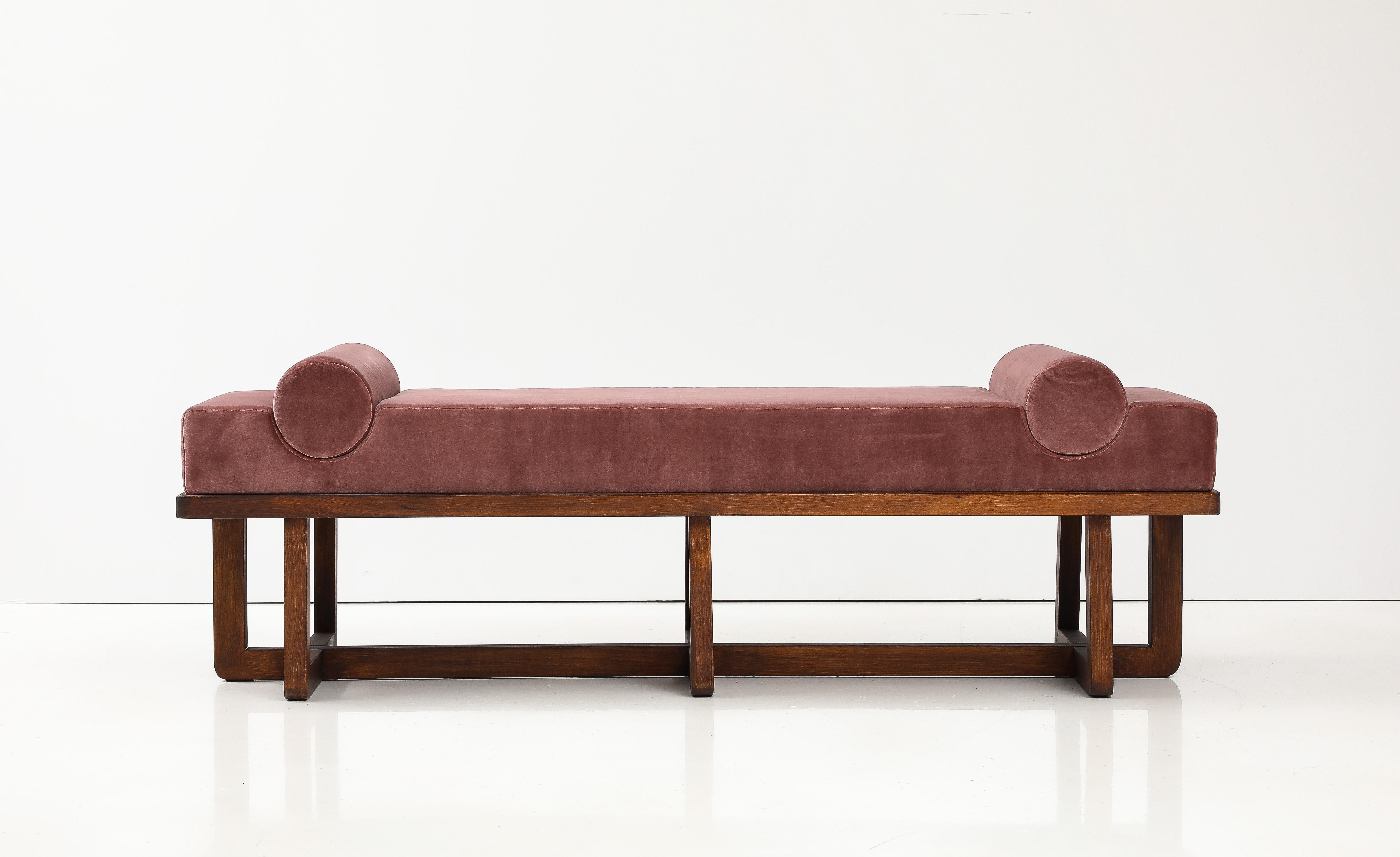 Bespoke Bench with Sculptural Bolsters and Walnut Frame in Rose Velvet, Italy For Sale 2