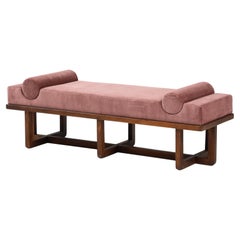 Bespoke Bench with Sculptural Bolsters and Walnut Frame in Rose Velvet, Italy