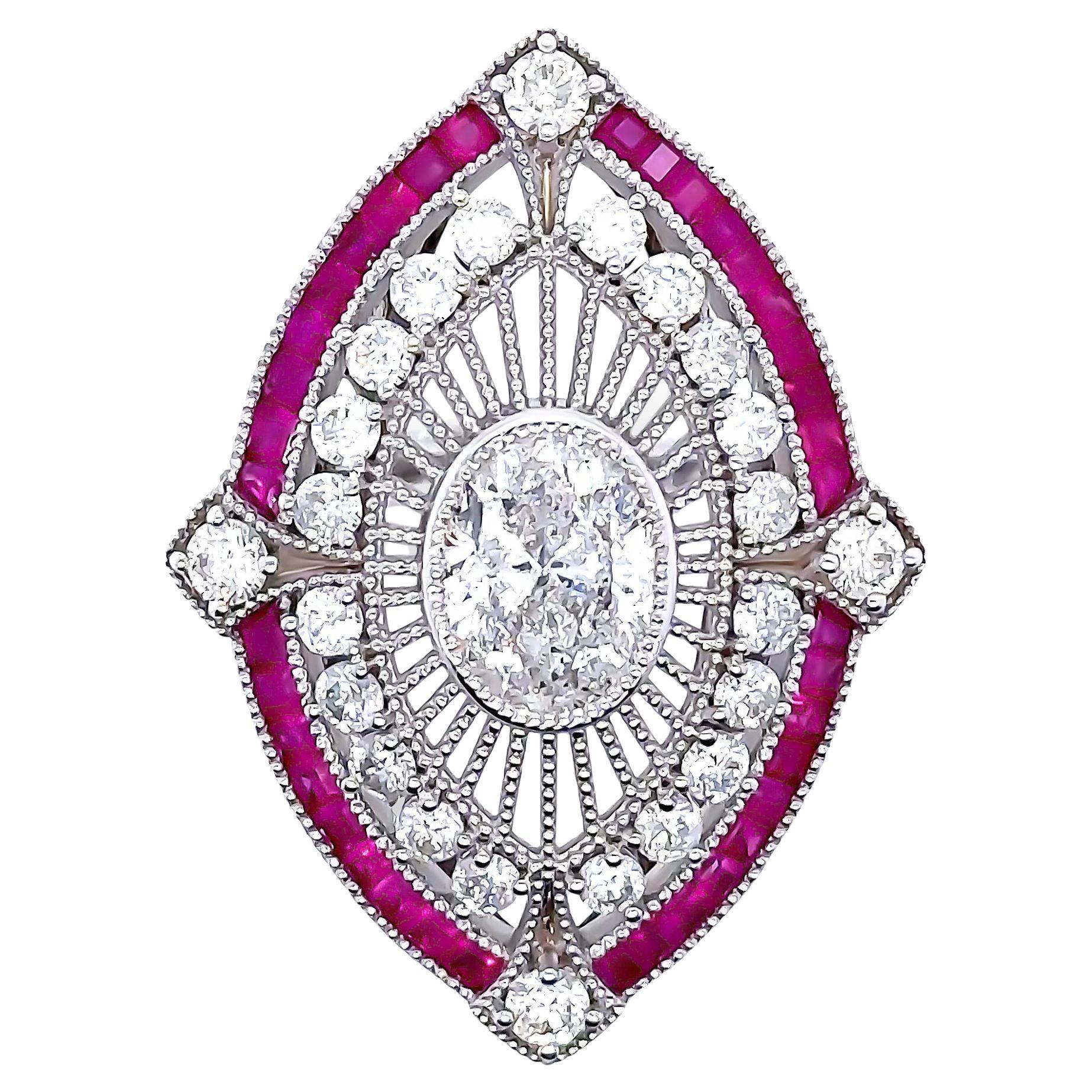 Bespoke Bespoke 14ct White Gold Ruby & Diamond Set "Art-Deco" Ring 4.62ct For Sale
