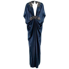 Michael Costello Blue Silk Draped Crystal Embellished Gown - Size Estimated XS