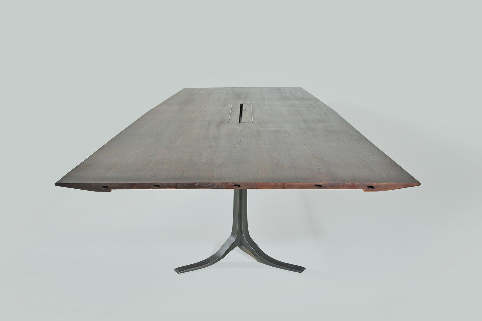 Minimalist Bespoke Board Room Table, Reclaimed Wood, Sand Cast Brass Base, by P. Tendercool For Sale