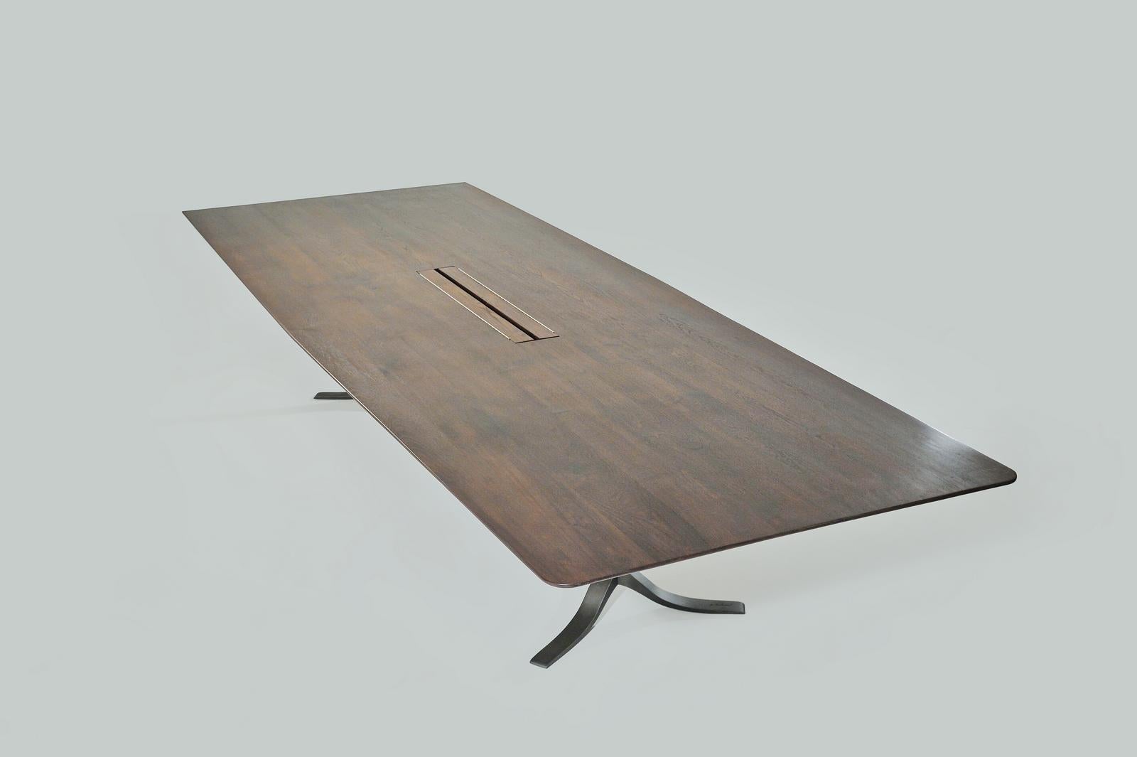 Thai Bespoke Board Room Table, Reclaimed Wood, Sand Cast Brass Base, by P. Tendercool For Sale