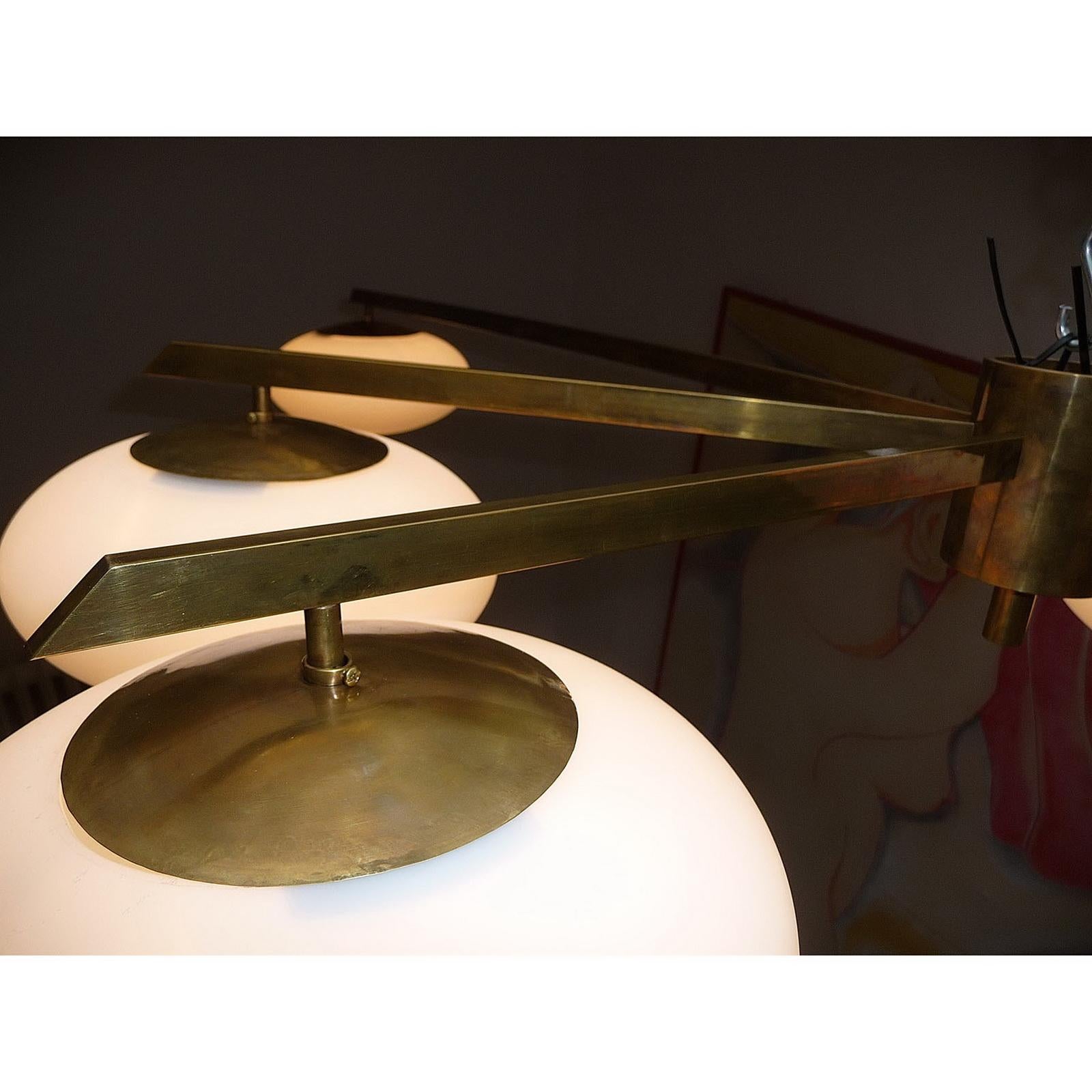 Patinated Bespoke Brass and Glass Ceiling Italian Light Eight Arms For Sale