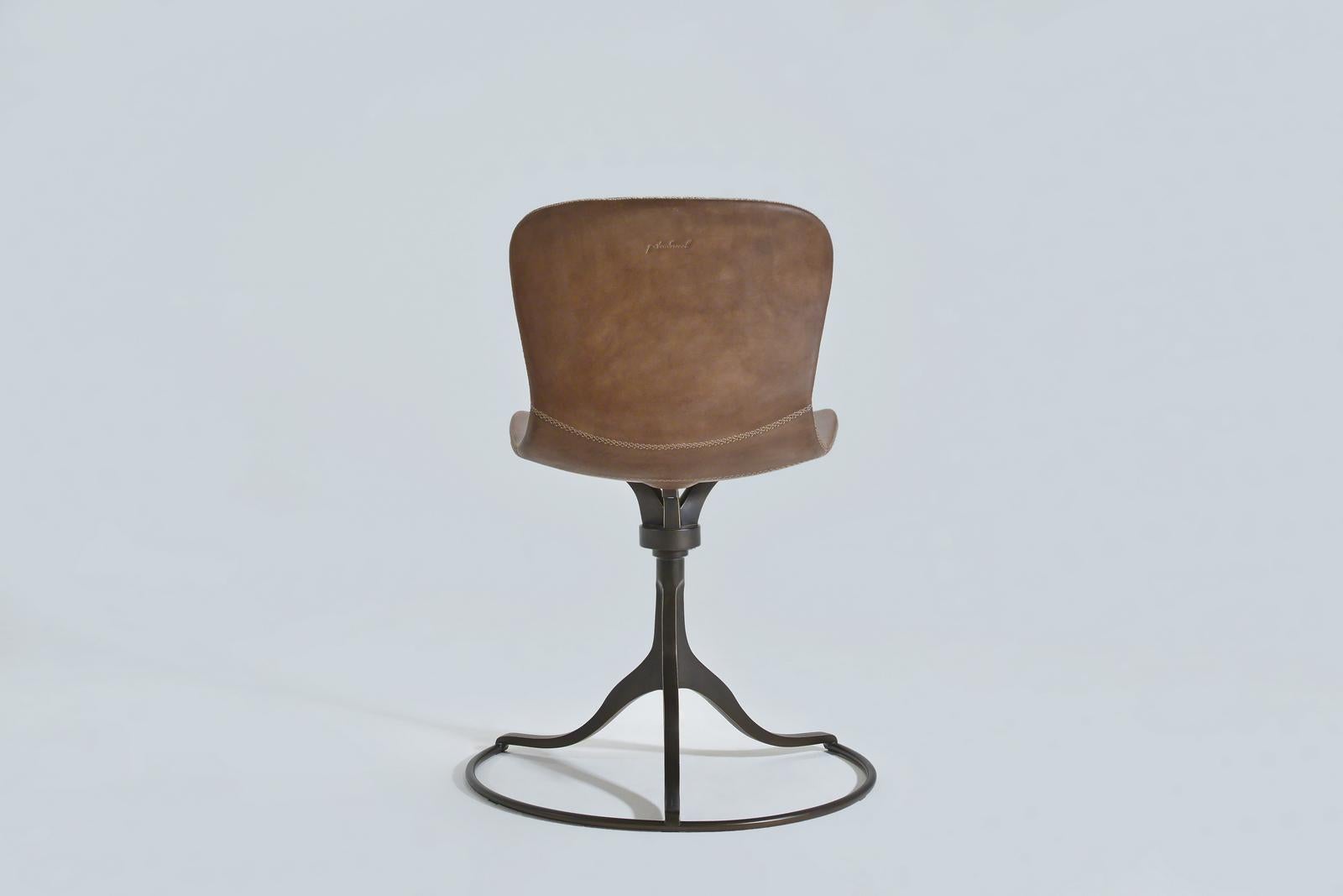 Mid-Century Modern Bespoke Brass Swivel Chair with Floor-Ring, in Truffe Leather, by P. Tendercool For Sale