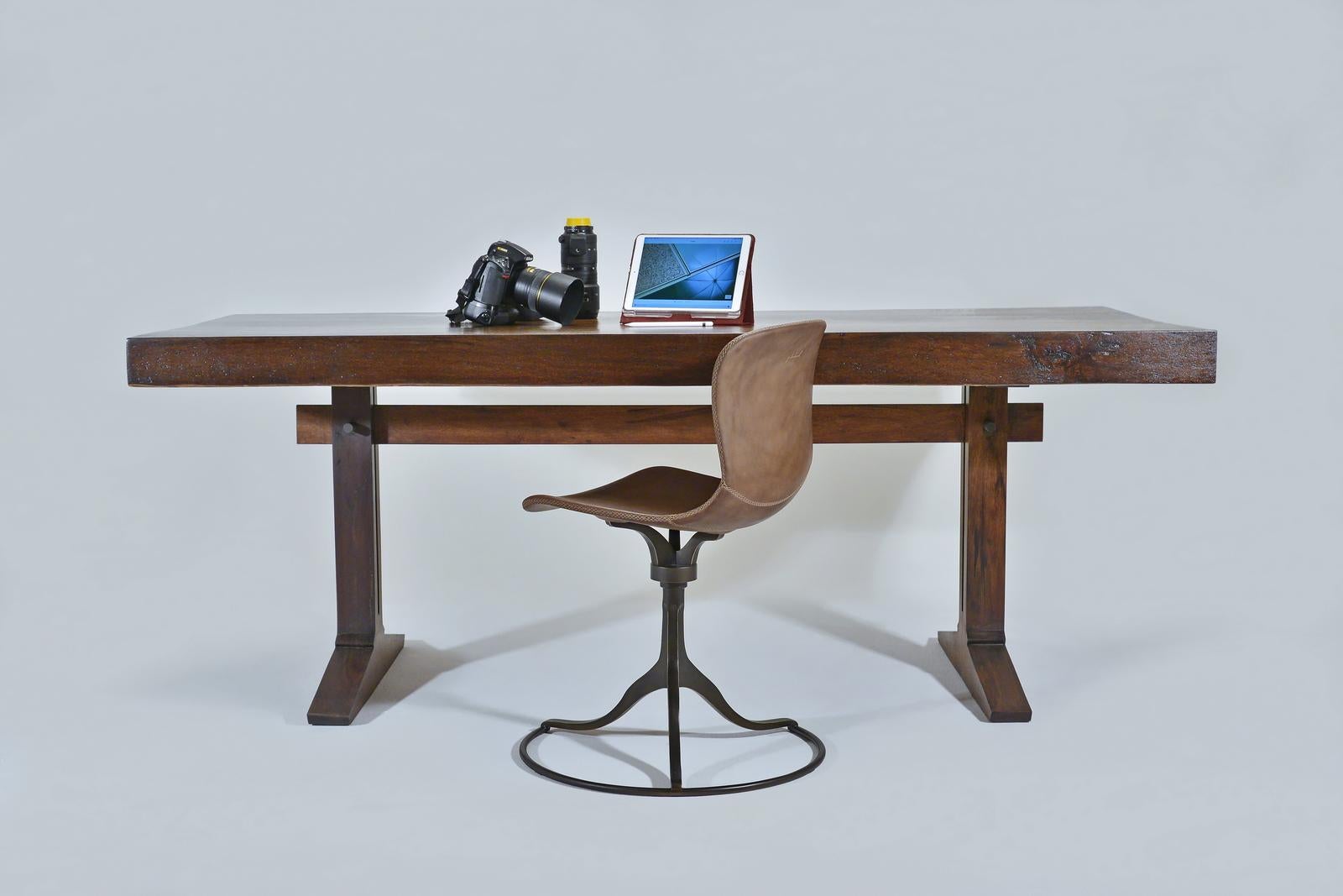 Bespoke Brutalist Meets Japan Desk, Antique Hardwood Slab, by P. Tendercool For Sale 3