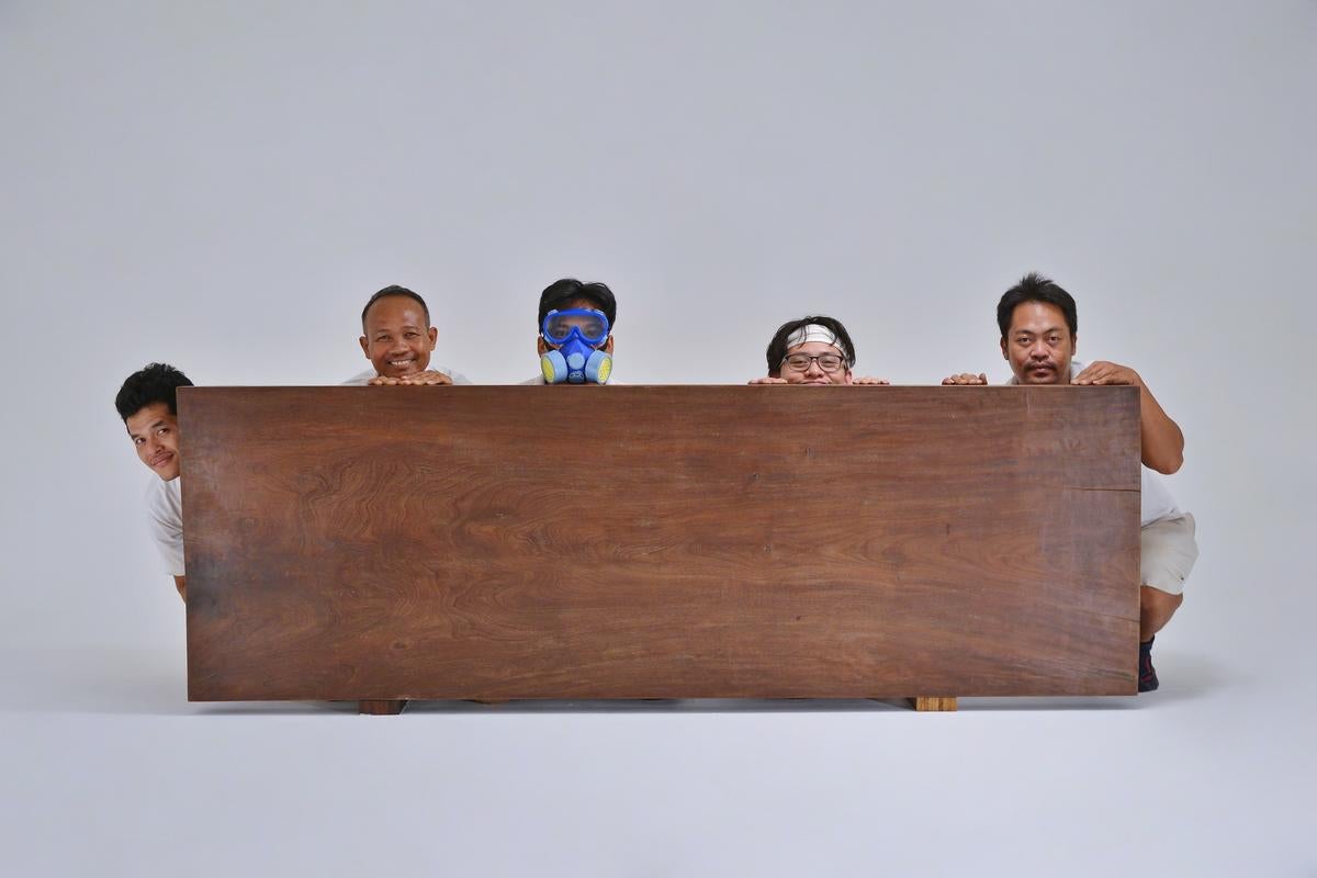 Bespoke Brutalist Meets Japan Desk, Antique Hardwood Slab, by P. Tendercool 11