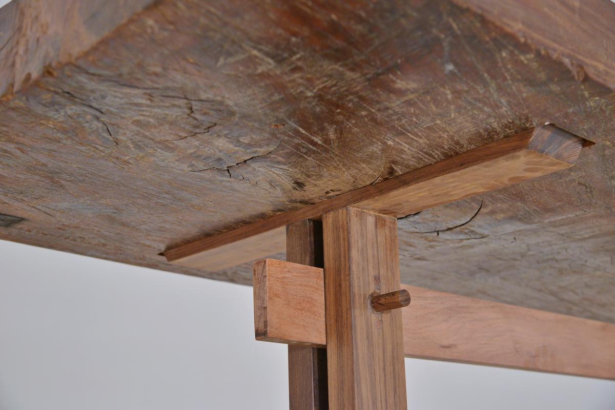 Bespoke Brutalist Meets Japan Desk, Antique Hardwood Slab, by P. Tendercool 1