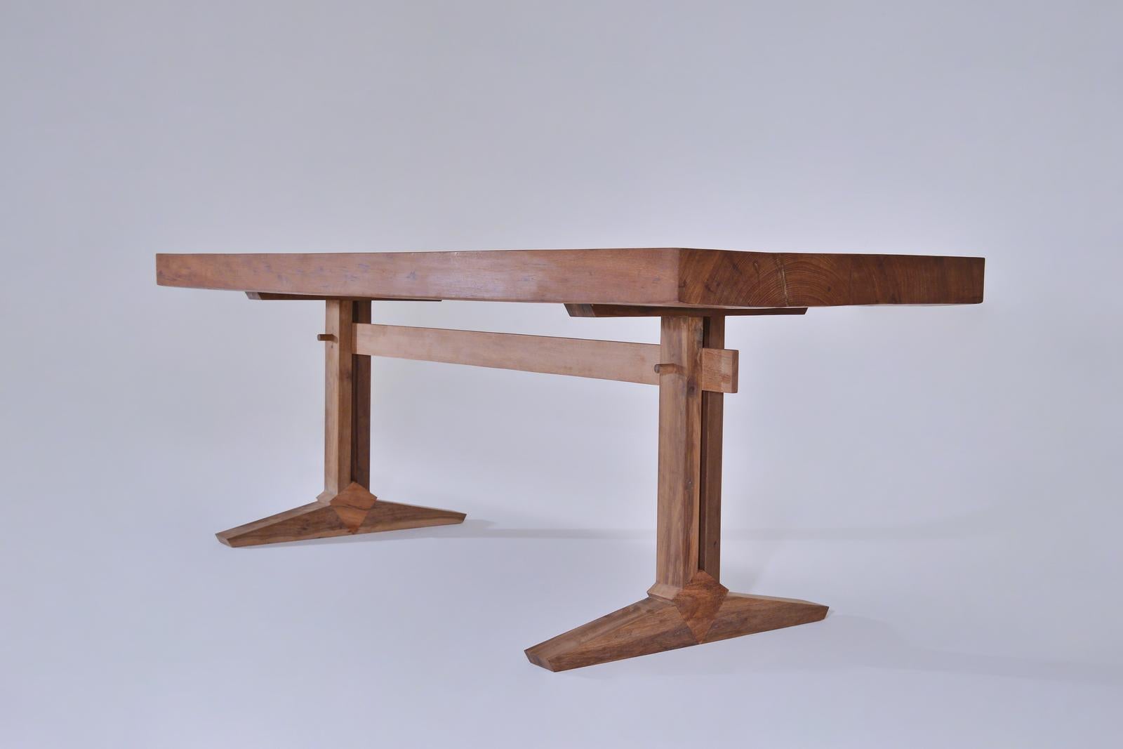 Brutalist Customized Base, Bespoke Japan Desk, Antique Hardwood Slab, by P. Tendercool For Sale