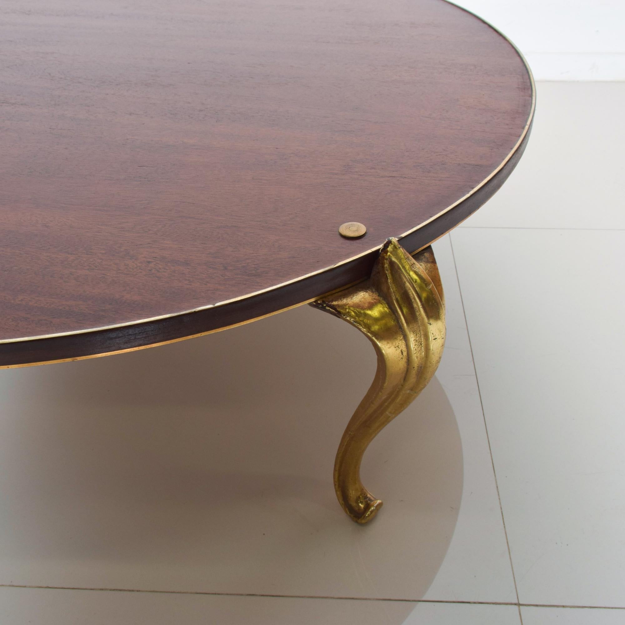 Bespoke Butterfly Inlay Round Wood Coffee Table Gold Trim Gilded Cabriole Legs In Good Condition For Sale In Chula Vista, CA