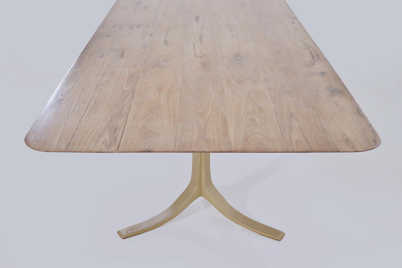 Minimalist Bespoke Chef Table, Reclaimed Wood, Sand Cast Brass Base, by P. Tendercool For Sale