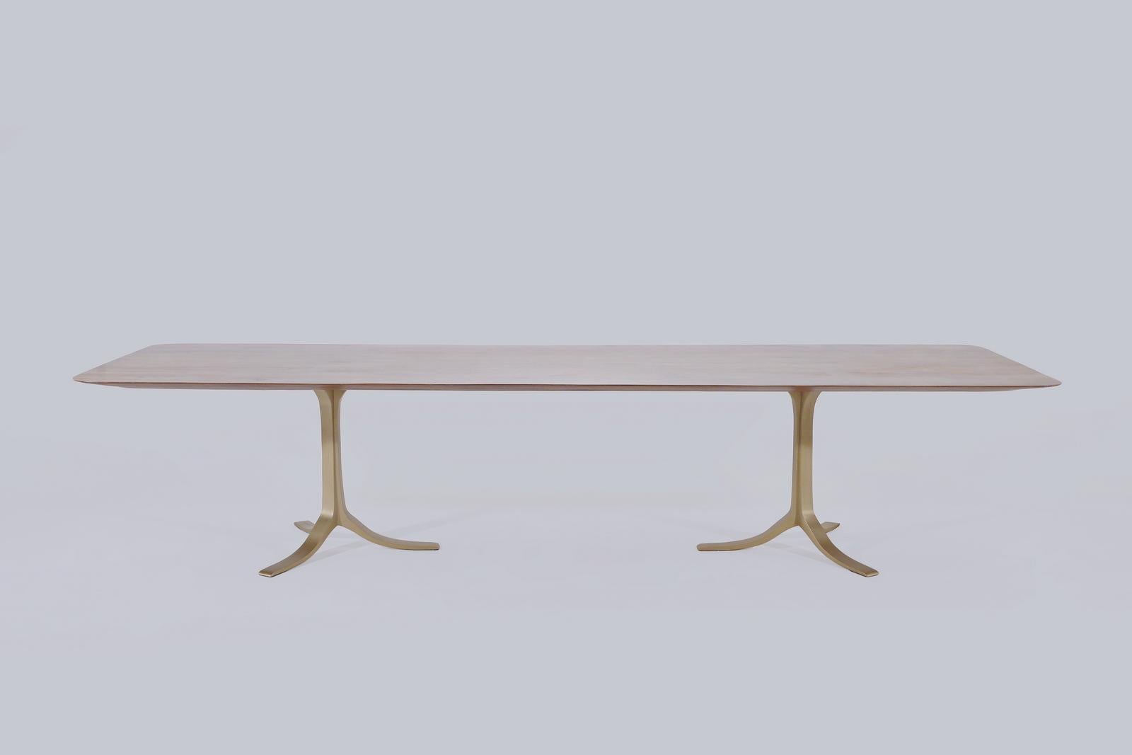 Contemporary Bespoke Chef Table, Reclaimed Wood, Sand Cast Brass Base, by P. Tendercool For Sale