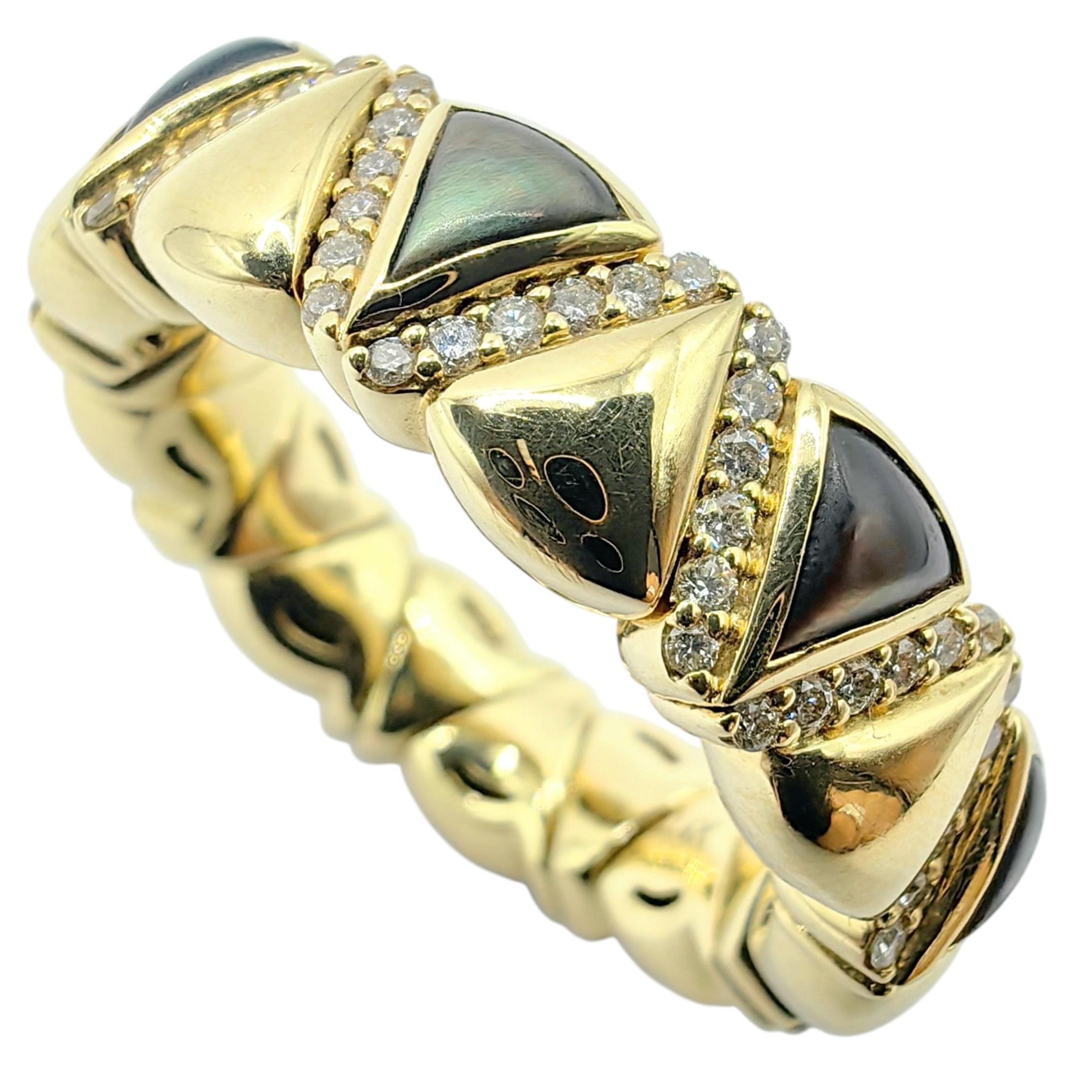 For Sale:  Bespoke Chevron Black Shell Triangle Cabochon Diamond Flexi Ring in 18K Gold