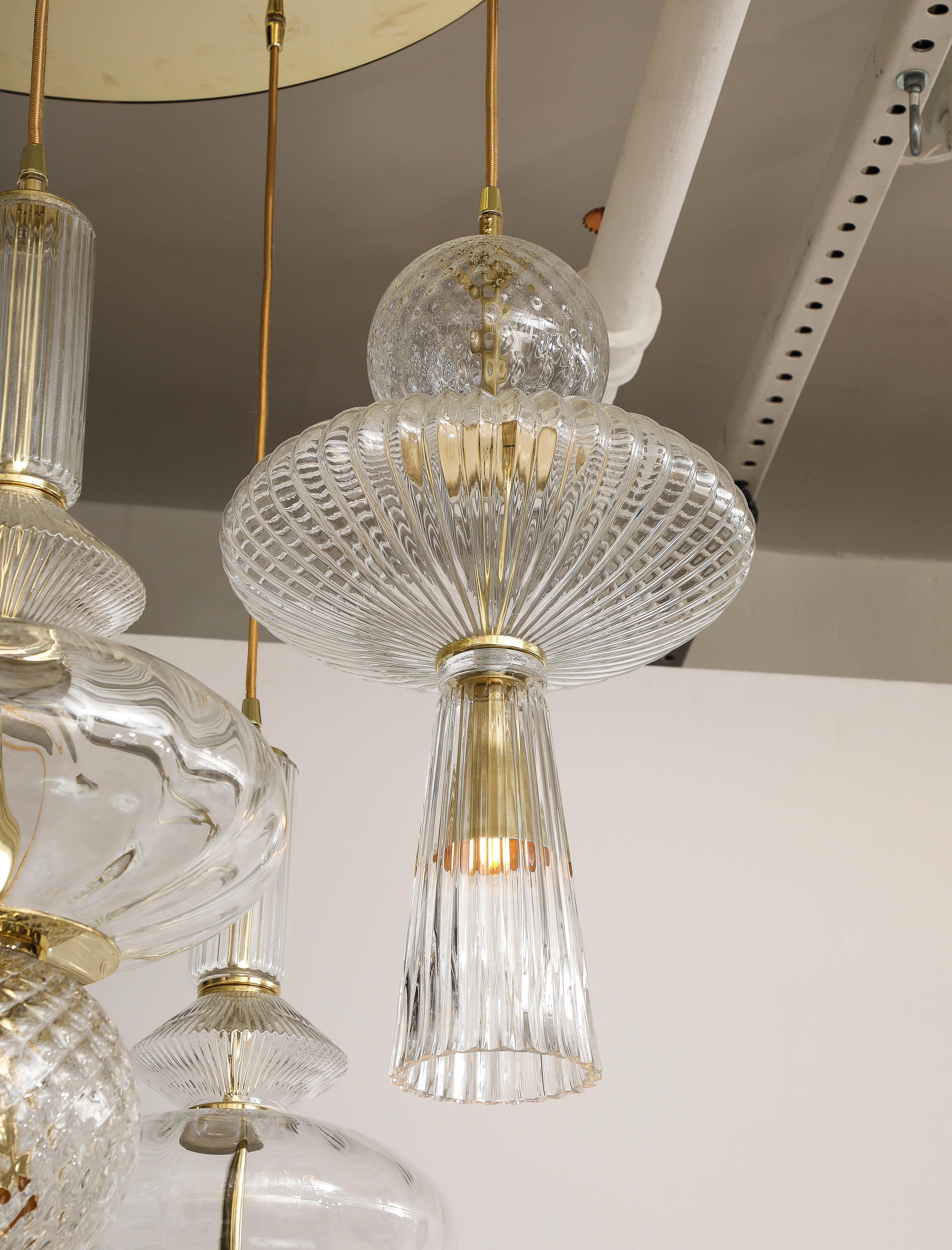 Bespoke Clear Murano Glass Pendants with Brass Suspension Chandelier, Italy For Sale 6