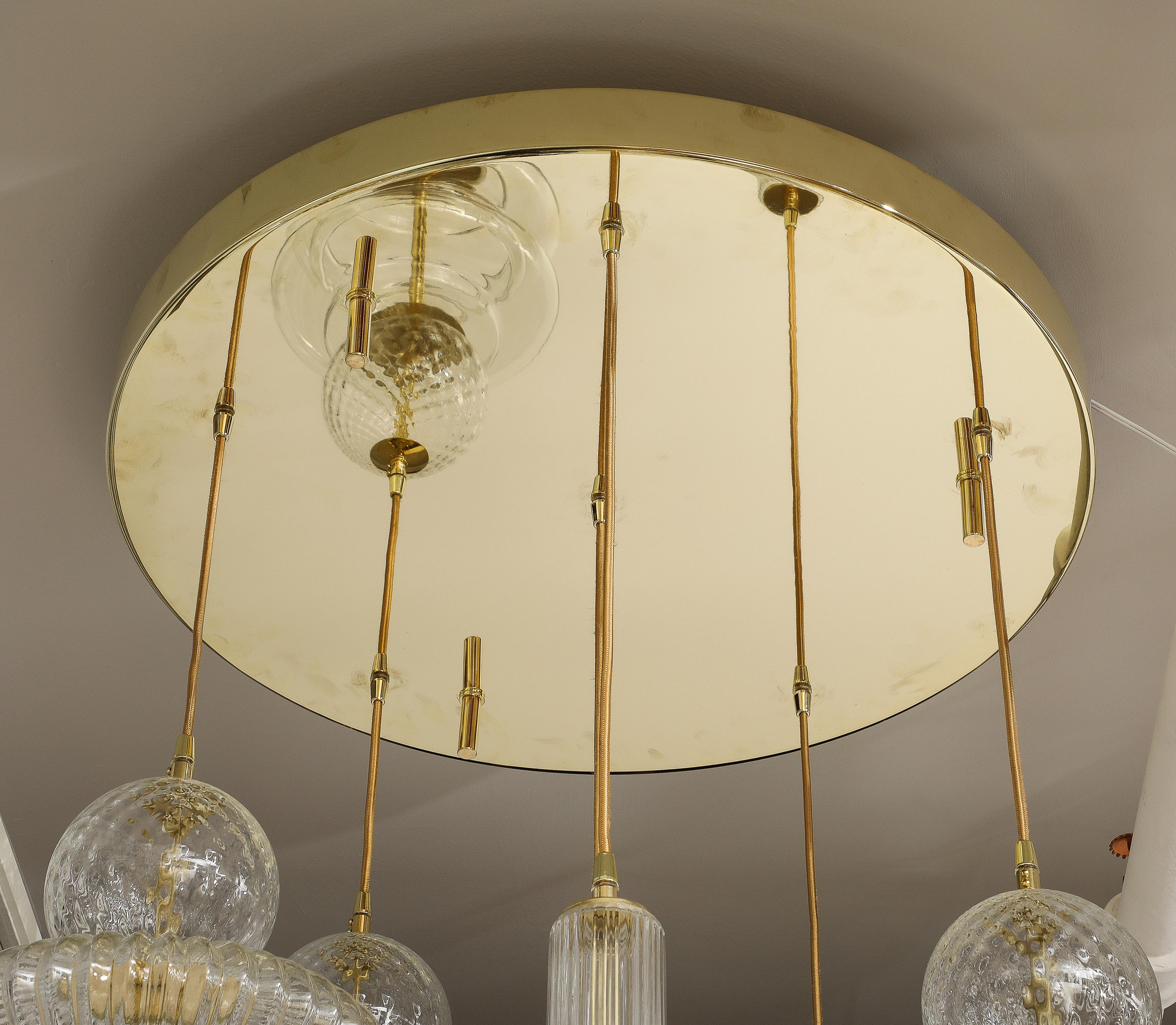 Bespoke Clear Murano Glass Pendants with Brass Suspension Chandelier, Italy For Sale 7