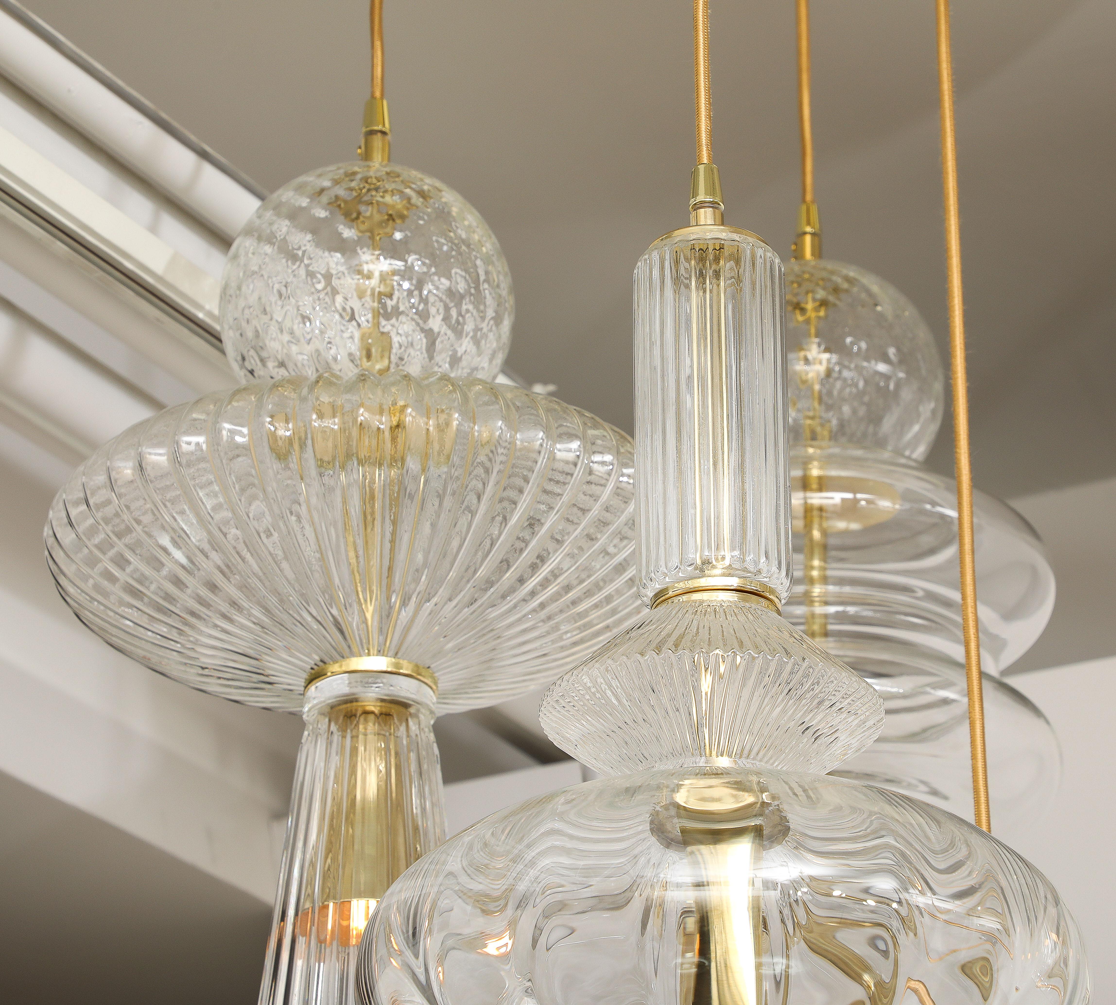 Bespoke Clear Murano Glass Pendants with Brass Suspension Chandelier, Italy For Sale 8