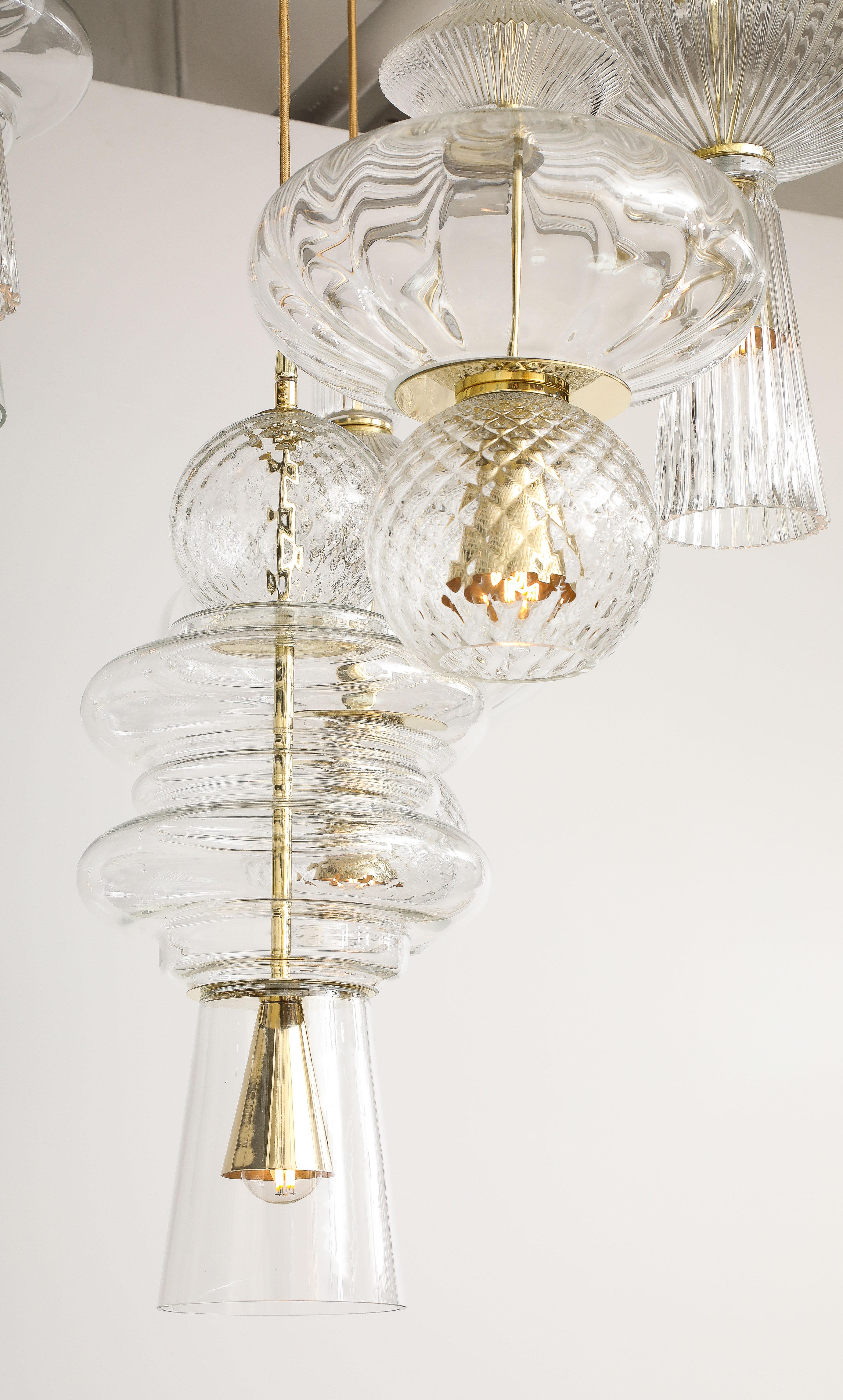 Bespoke Clear Murano Glass Pendants with Brass Suspension Chandelier, Italy For Sale 9