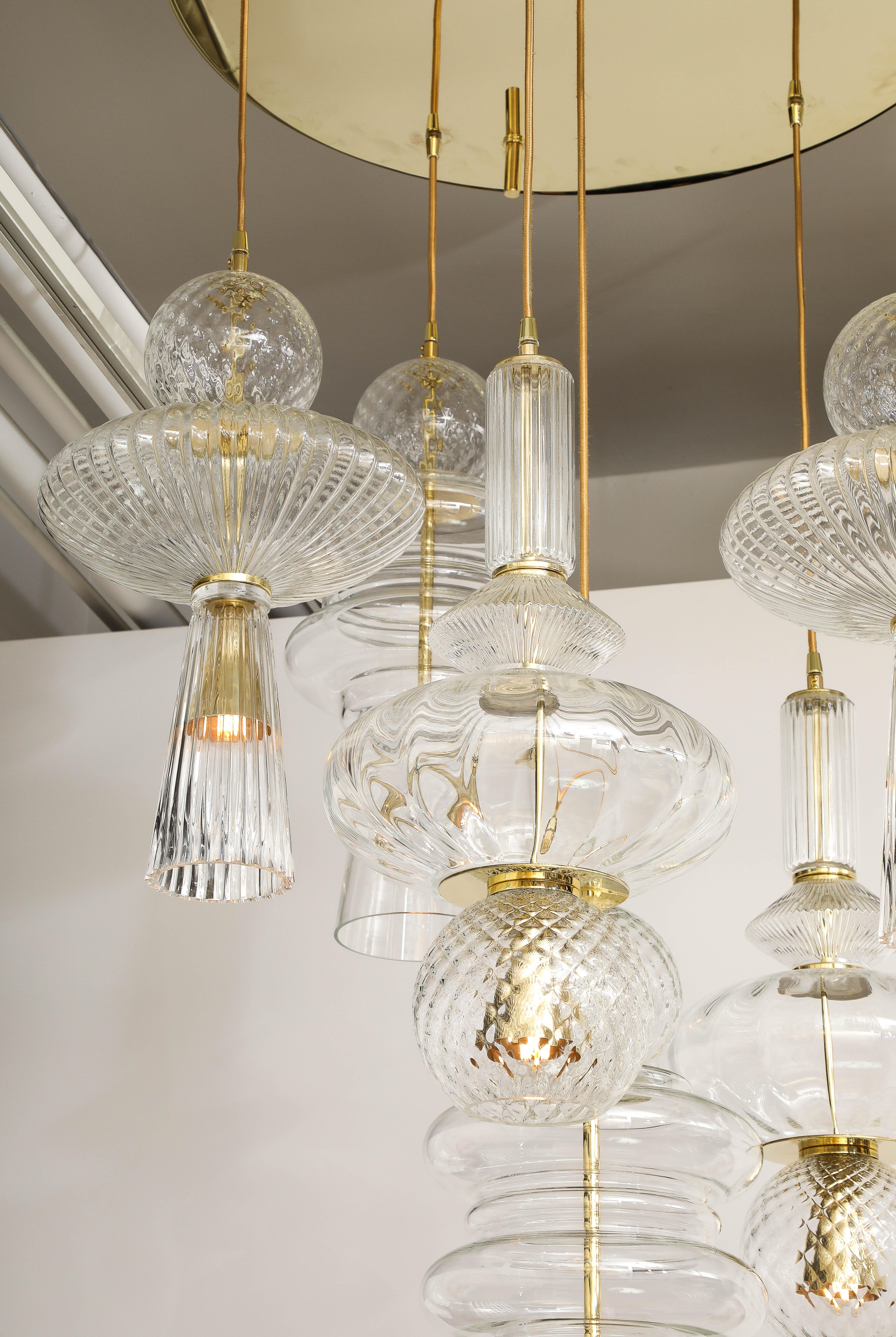 Mid-Century Modern Adjustable Height Clear Murano Glass Pendants Brass Suspension Chandelier, Italy For Sale