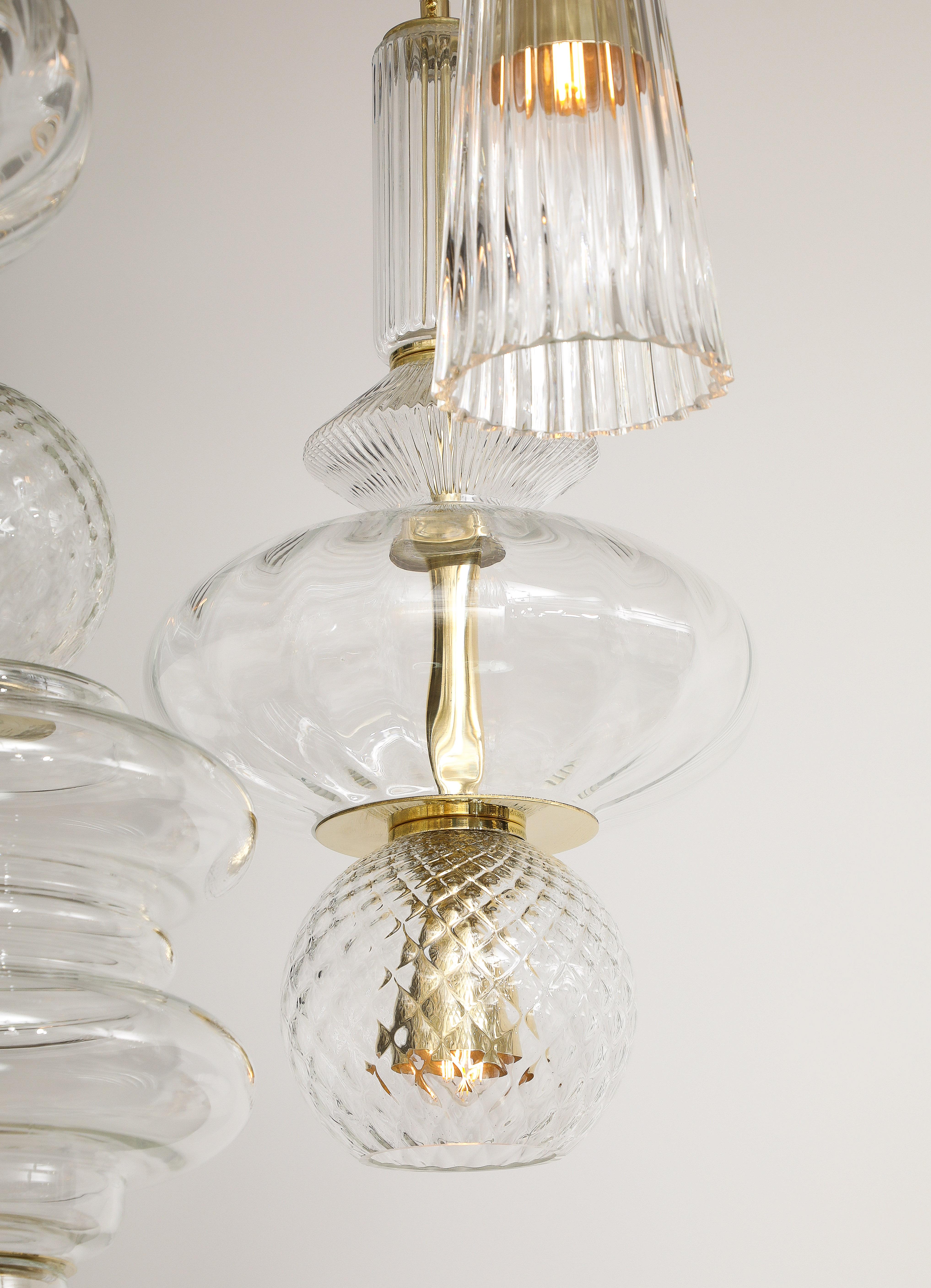 Bespoke Clear Murano Glass Pendants with Brass Suspension Chandelier, Italy In New Condition For Sale In New York, NY