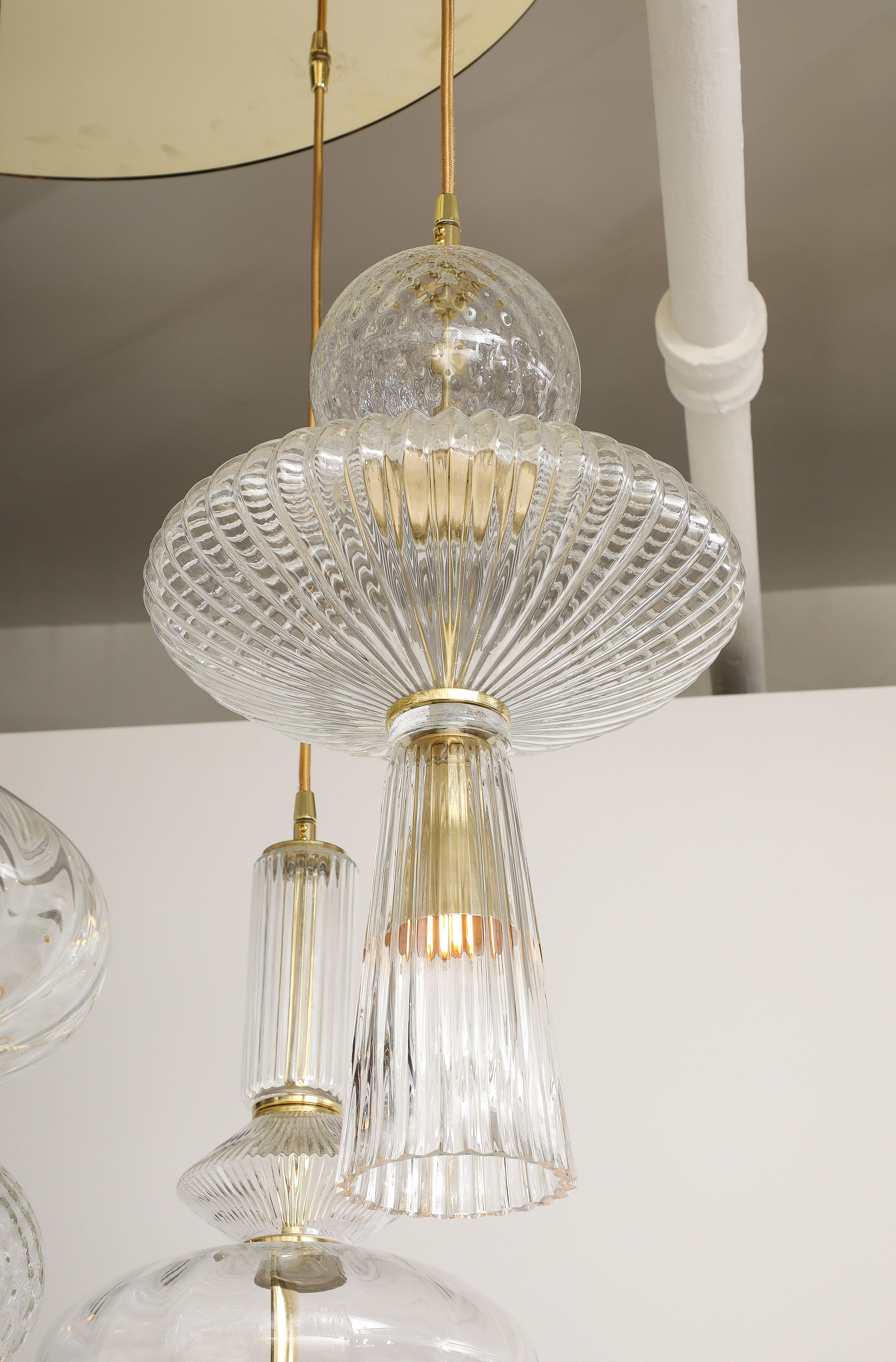 Contemporary Bespoke Clear Murano Glass Pendants with Brass Suspension Chandelier, Italy For Sale