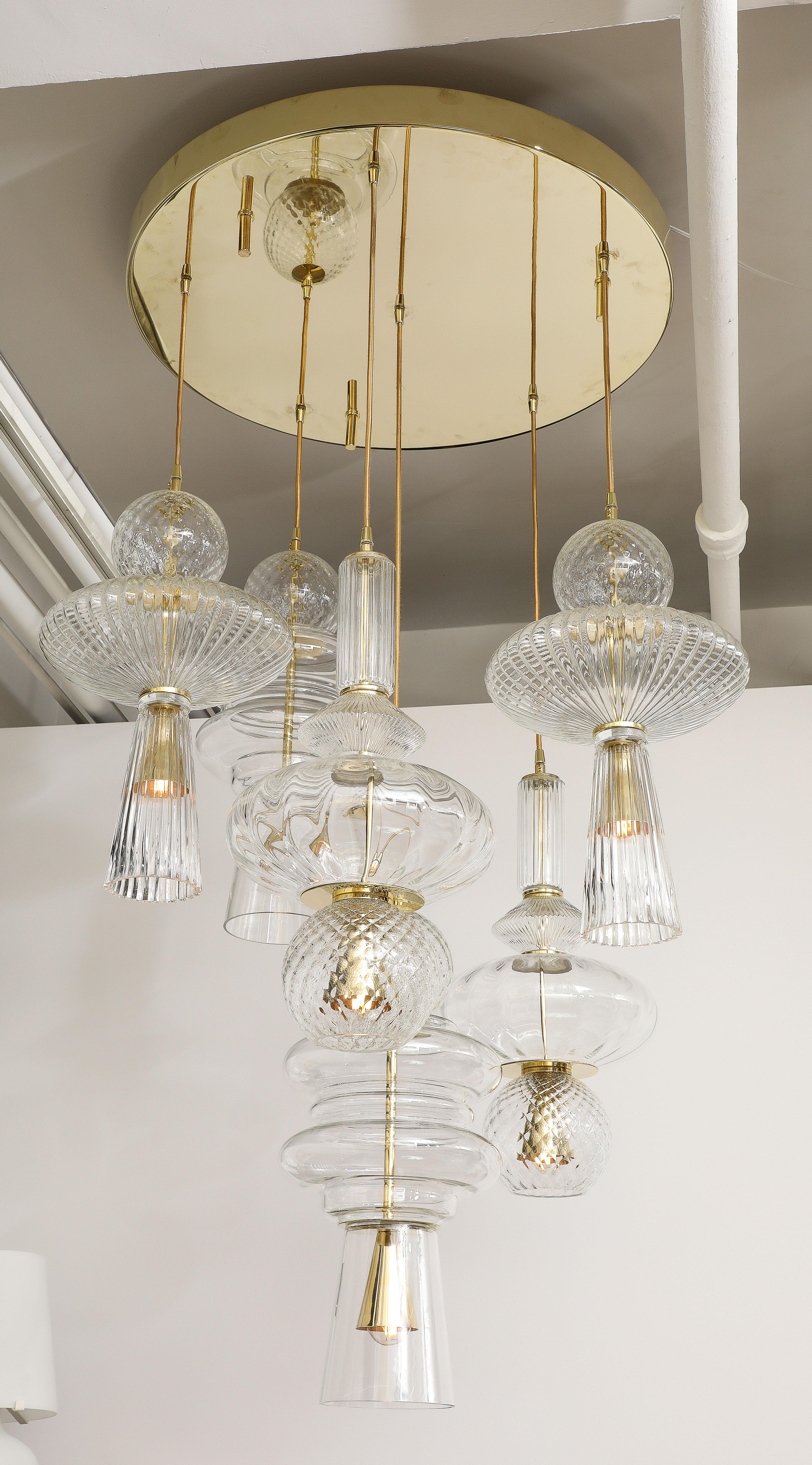 Bespoke Clear Murano Glass Pendants with Brass Suspension Chandelier, Italy For Sale 3
