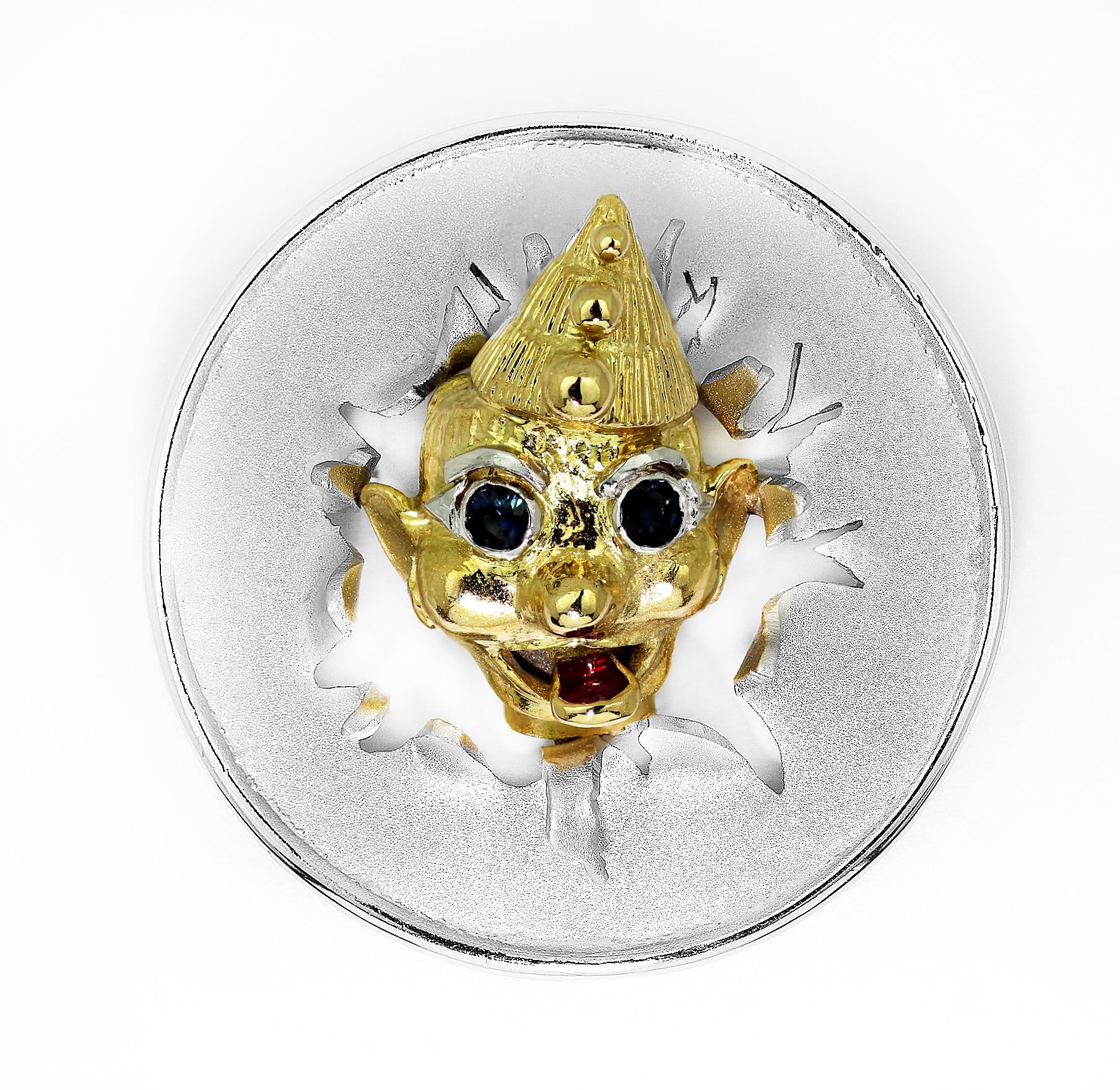 Clown Brosche von Albion Craft, Rubin Saphir in Bimetall 18 K Gold, Retro (Rundschliff) im Angebot