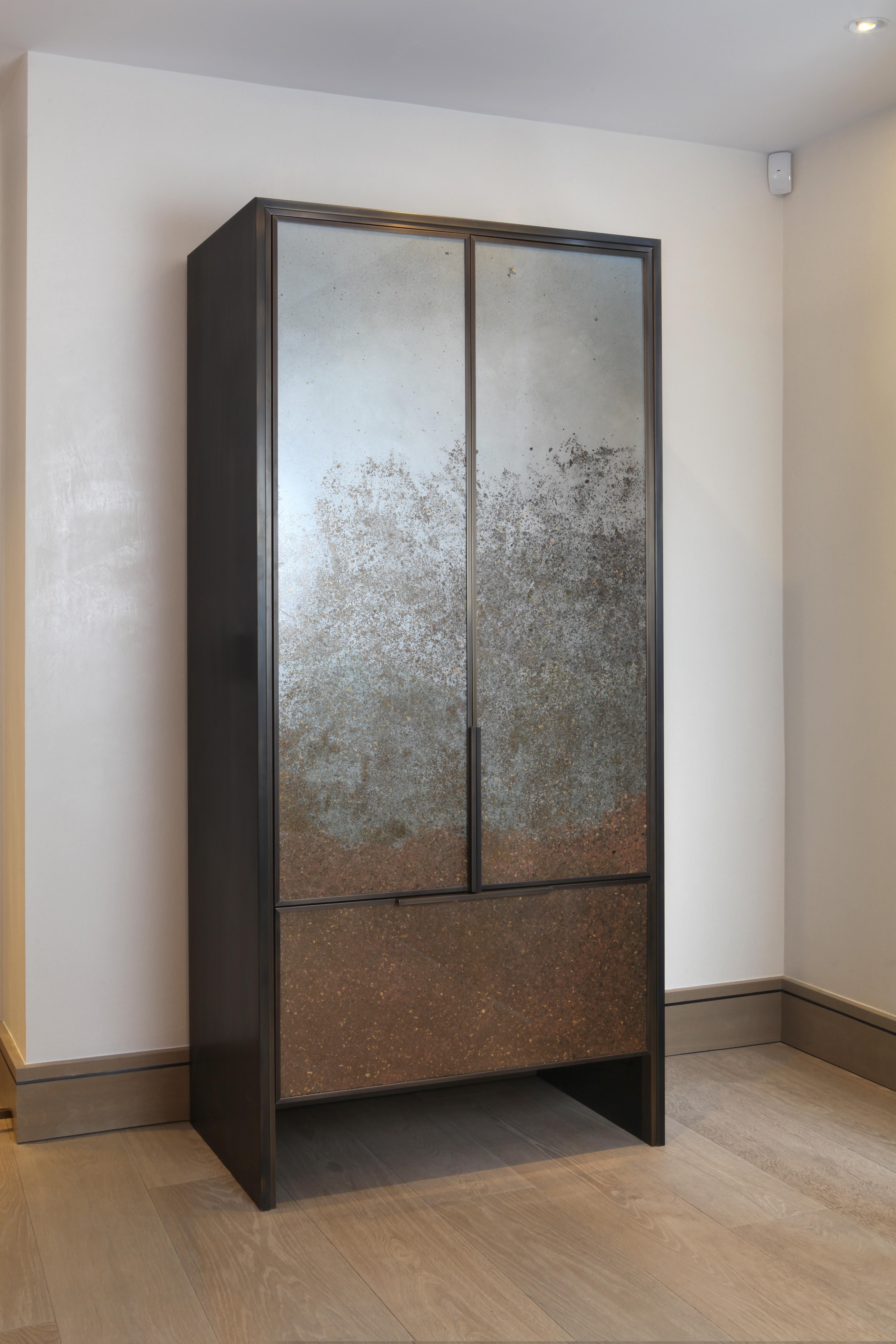 British Bespoke Cocktail Cabinet in Bronze with Marble Shelf and Drinks Storage For Sale