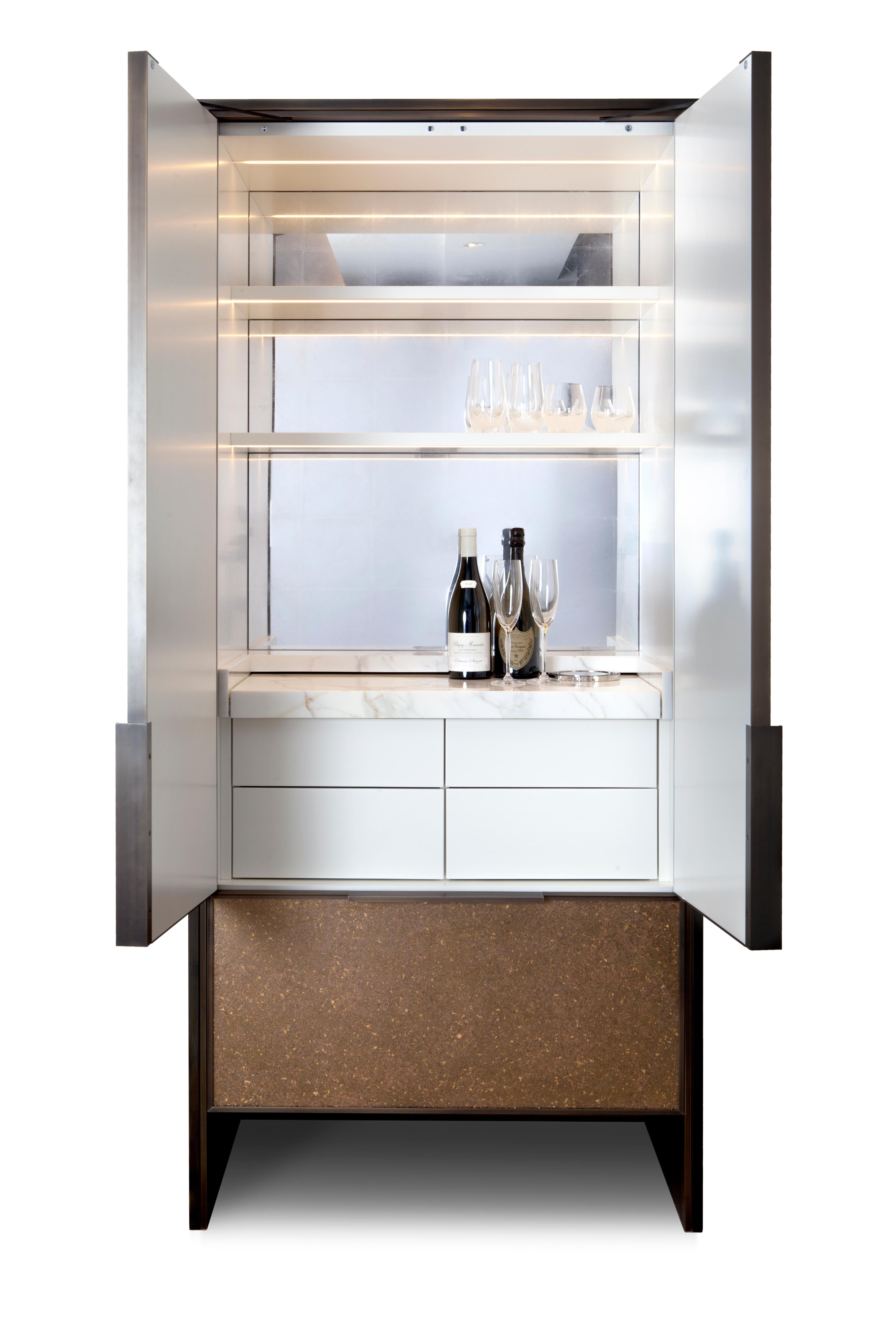 Polished Bespoke Cocktail Cabinet in Bronze with Marble Shelf and Drinks Storage For Sale