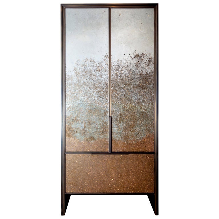 Custom Bar Cabinet In Bronze With Marble Shelf And Built In Drinks