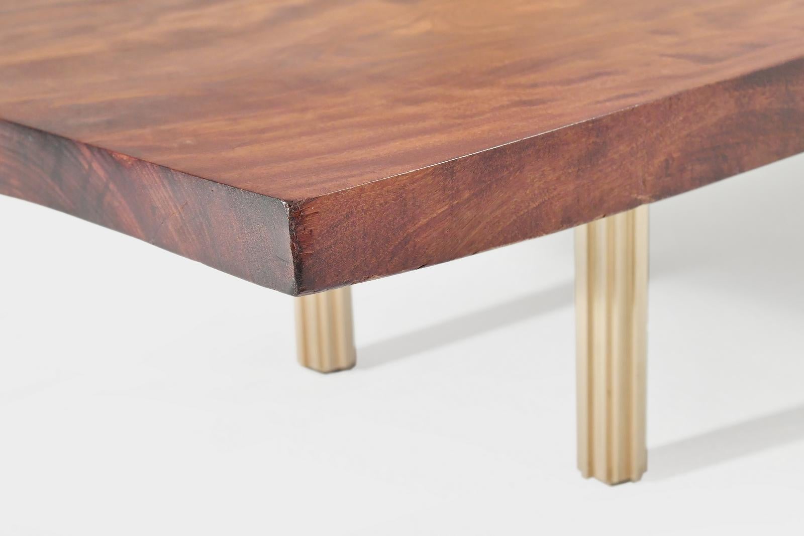 Thai Bespoke Coffee Table, Antique Hardwood Slab, and Brass Bases, by P. Tendercool For Sale