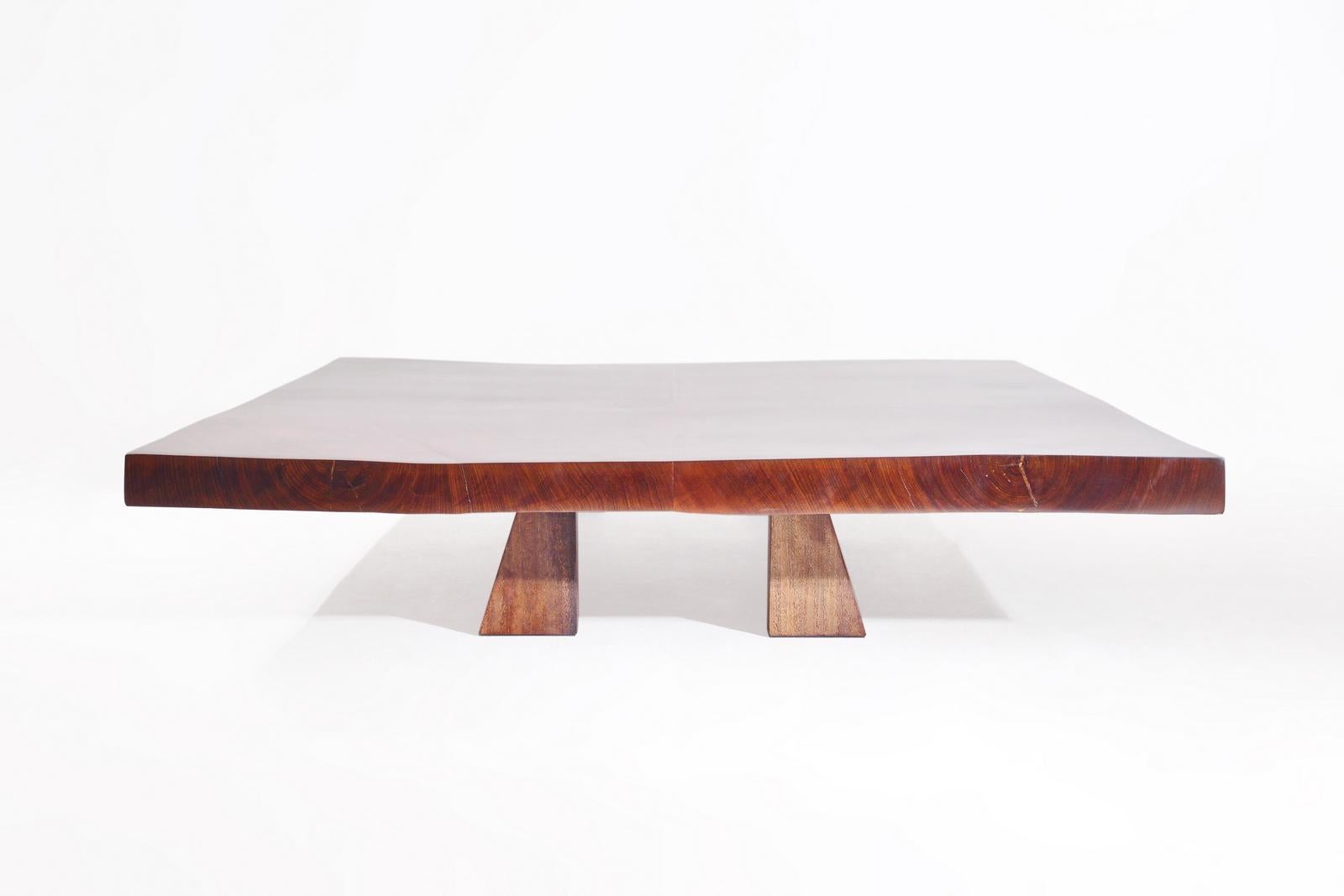 Minimalist Bespoke Low Table, Antique Hardwood Slab and Wood Bases, by P. Tendercool For Sale