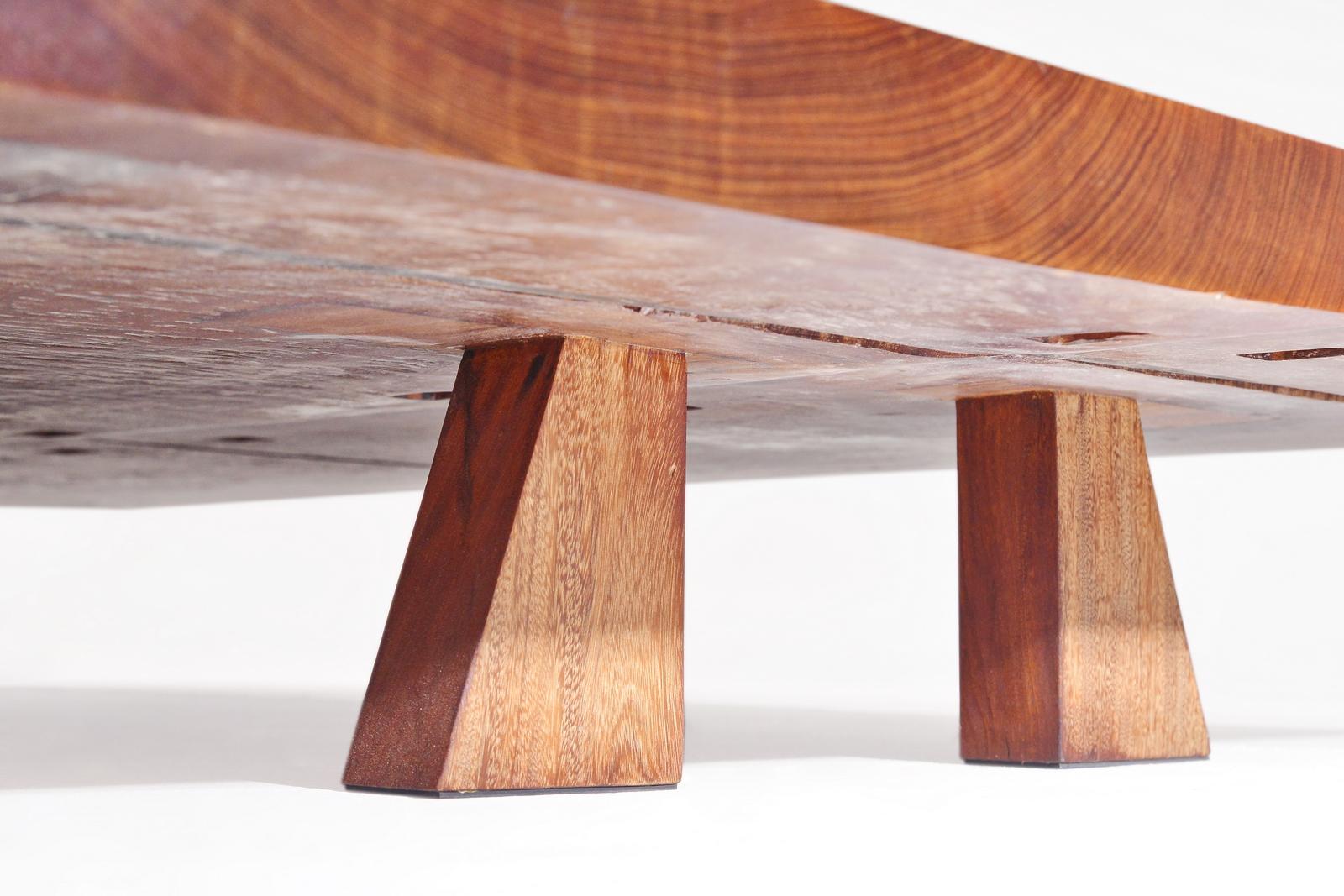 Contemporary Bespoke Low Table, Antique Hardwood Slab and Wood Bases, by P. Tendercool For Sale