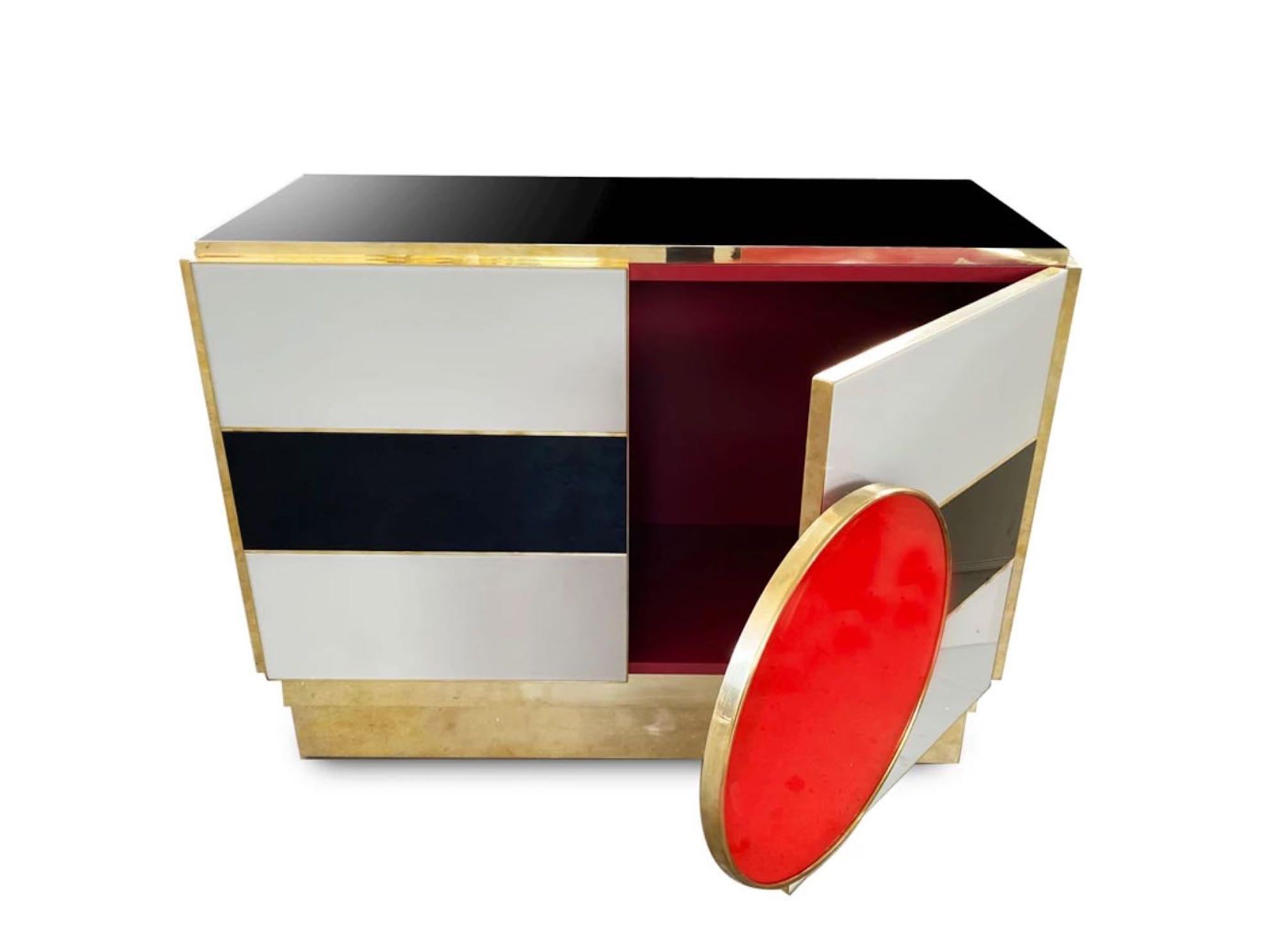 Post-Modern Bespoke Colored Glass and Brass Cabinet For Sale
