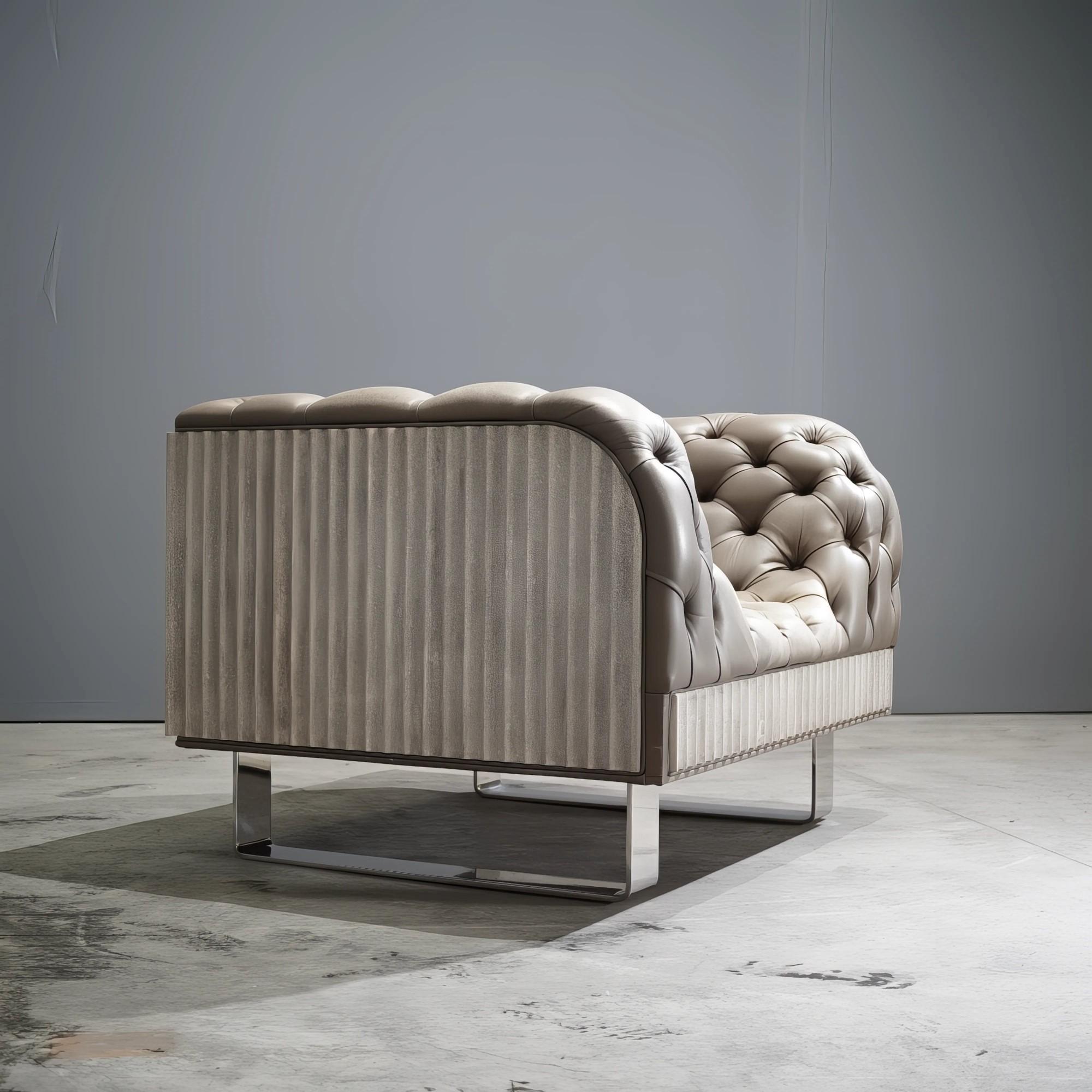 Verschönern Sie Ihren Wohnbereich mit dem Concrete Armchair, einer perfekten Mischung aus klassischem Luxus und zeitgenössischem Design. Dieser atemberaubende Sessel ist mit einem prächtigen zinngrauen Nappaleder bezogen, das für seine weiche Textur