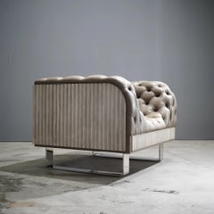 Bespoke Concrete Armchair in Pewter Napa Leather w/ Soft Chesterfield Detailing