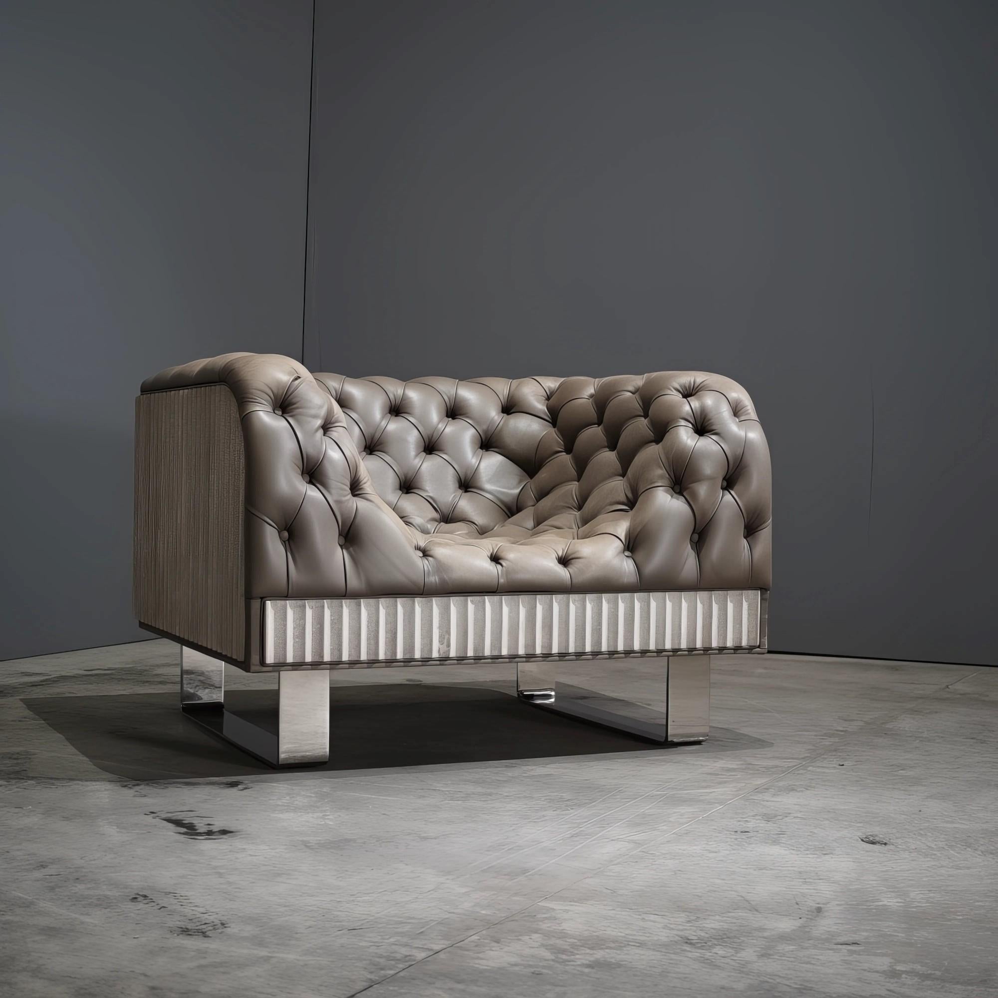 Maßgeschneiderter Betonsessel aus Zinn Napa Leder mit weichen Chesterfield-Details (Moderne) im Angebot
