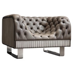 Bespoke Concrete Armchair in Pewter Napa Leather w/ Soft Chesterfield Detailing