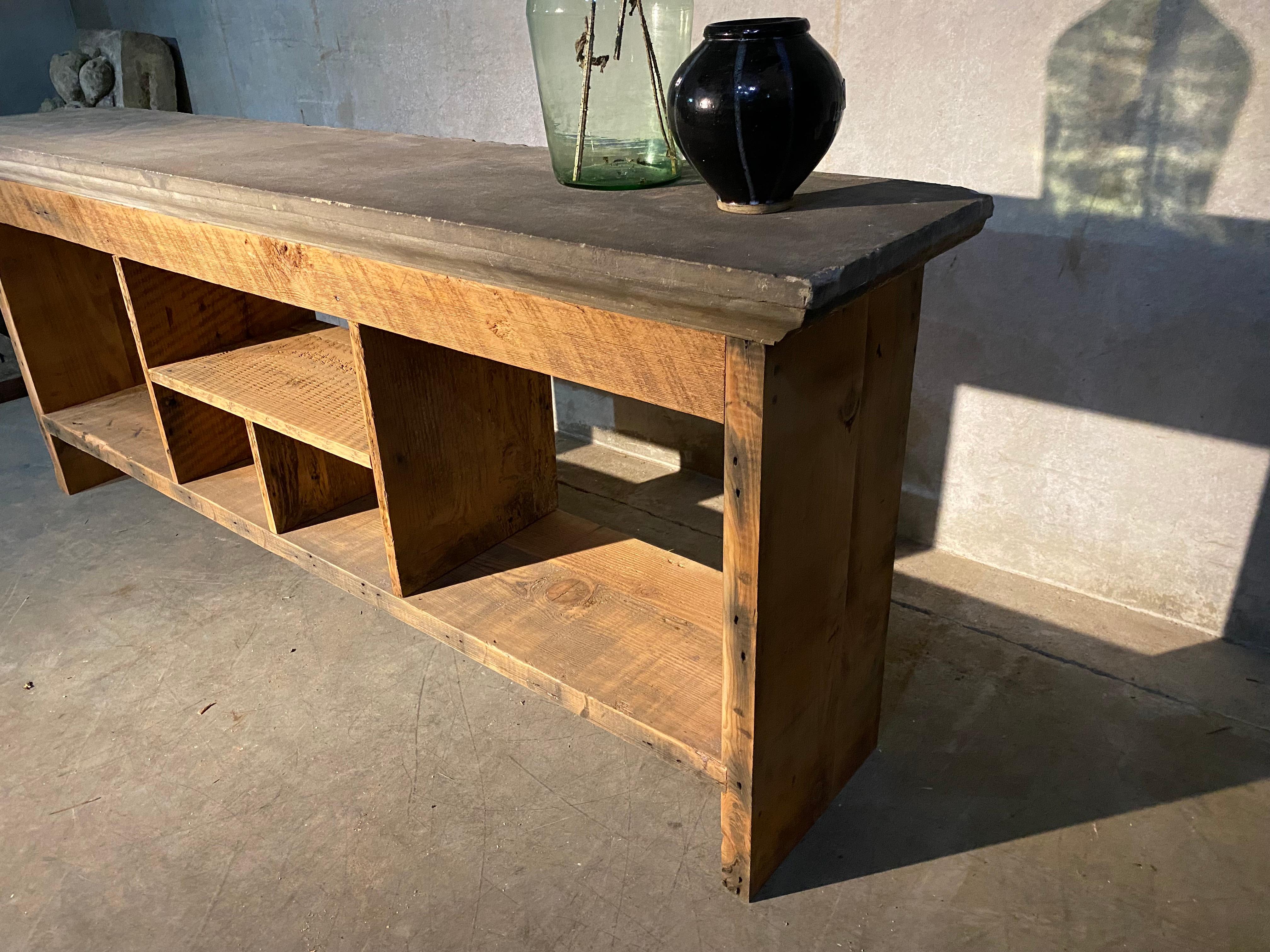 Bespoke Console/ Sofa Table in Reclaimed Wood with Limestone Top at 1stDibs