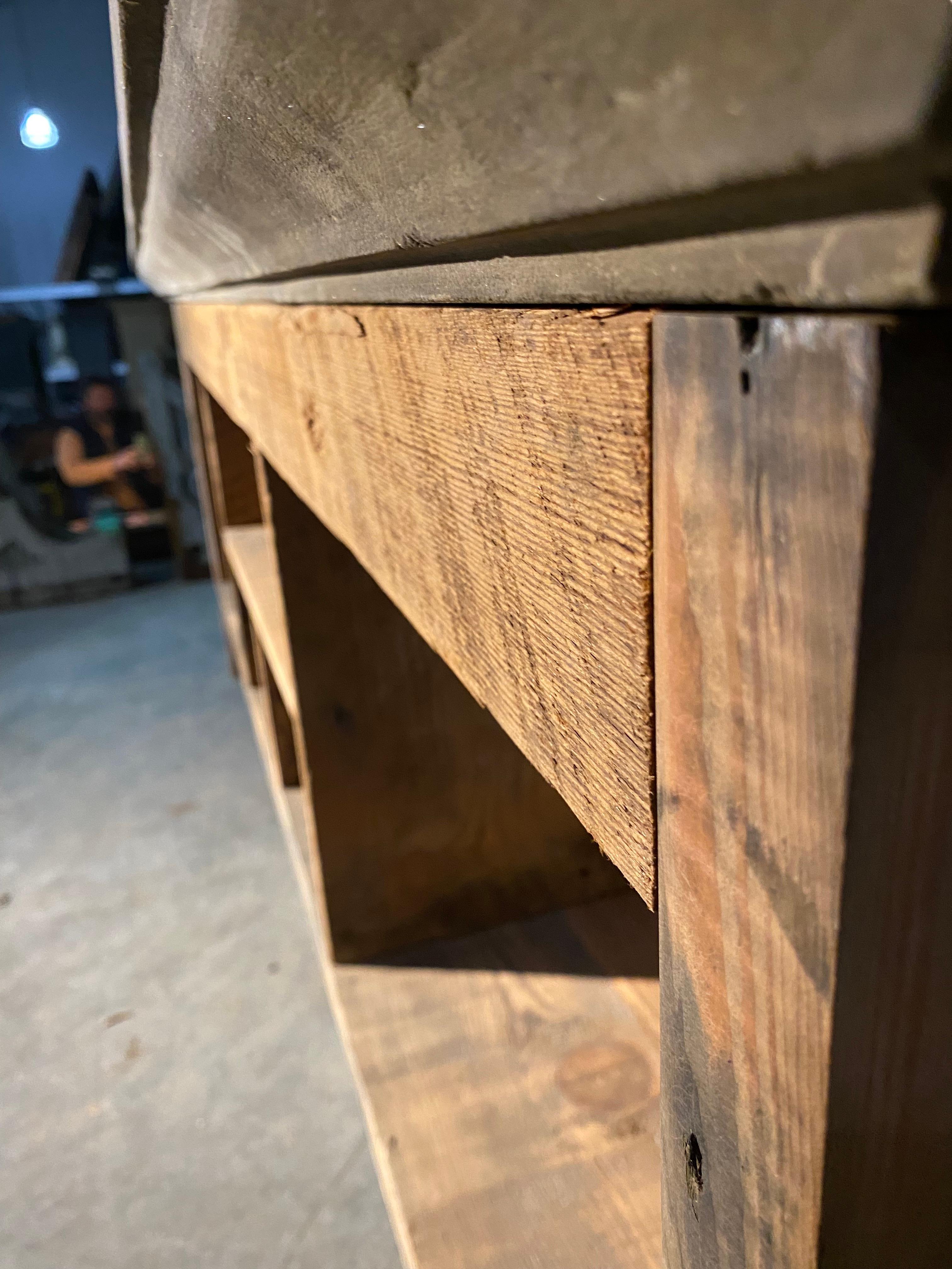 American Bespoke Console/ Sofa Table in Reclaimed Wood with Limestone Top